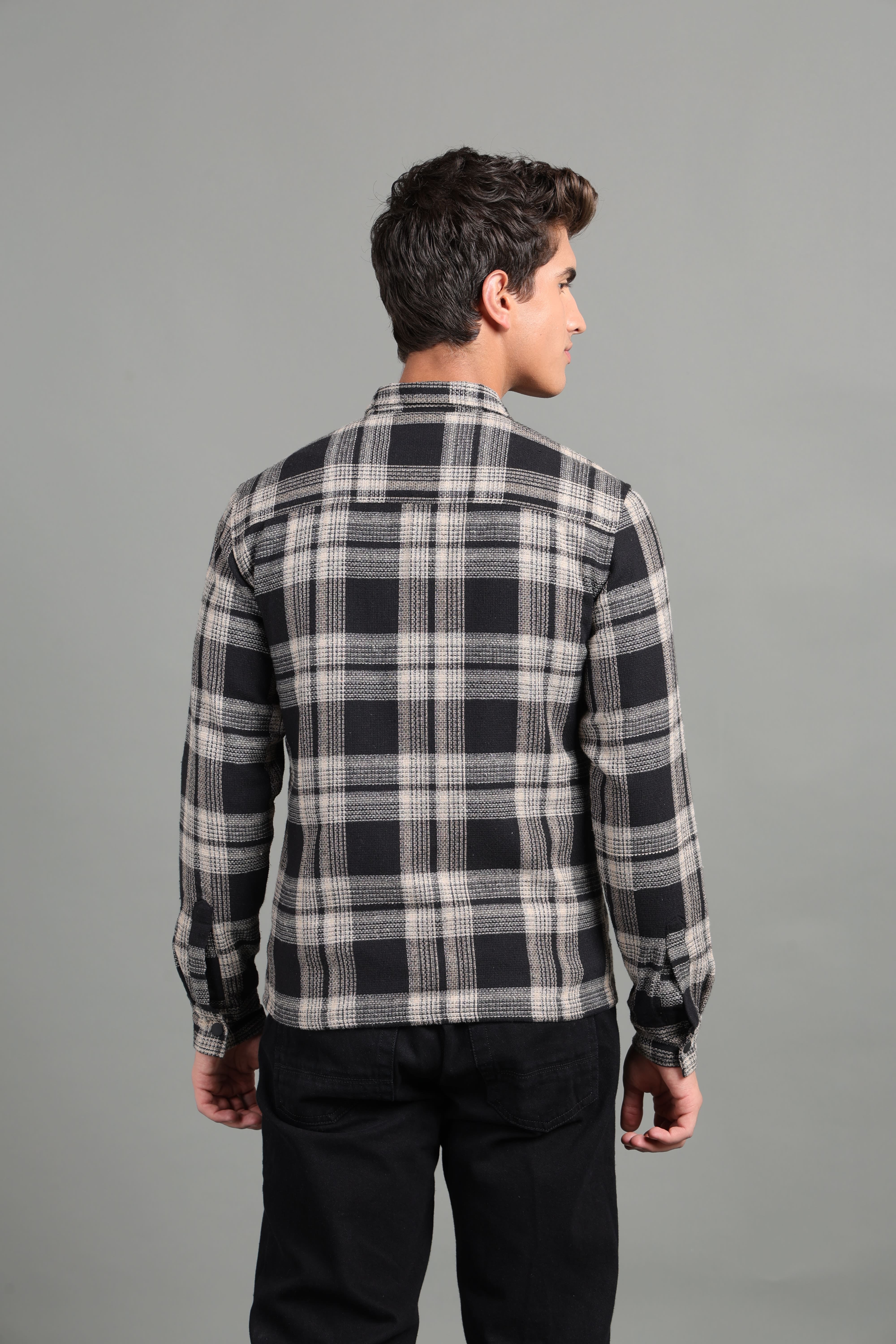 IDENTITI Men Slim Fit Regular Collar Checkes Jacket In Black.