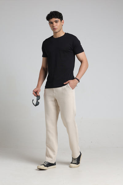 IDENTITI Men Relaxed Fit Non Denim Solid Trouser In Ecru.