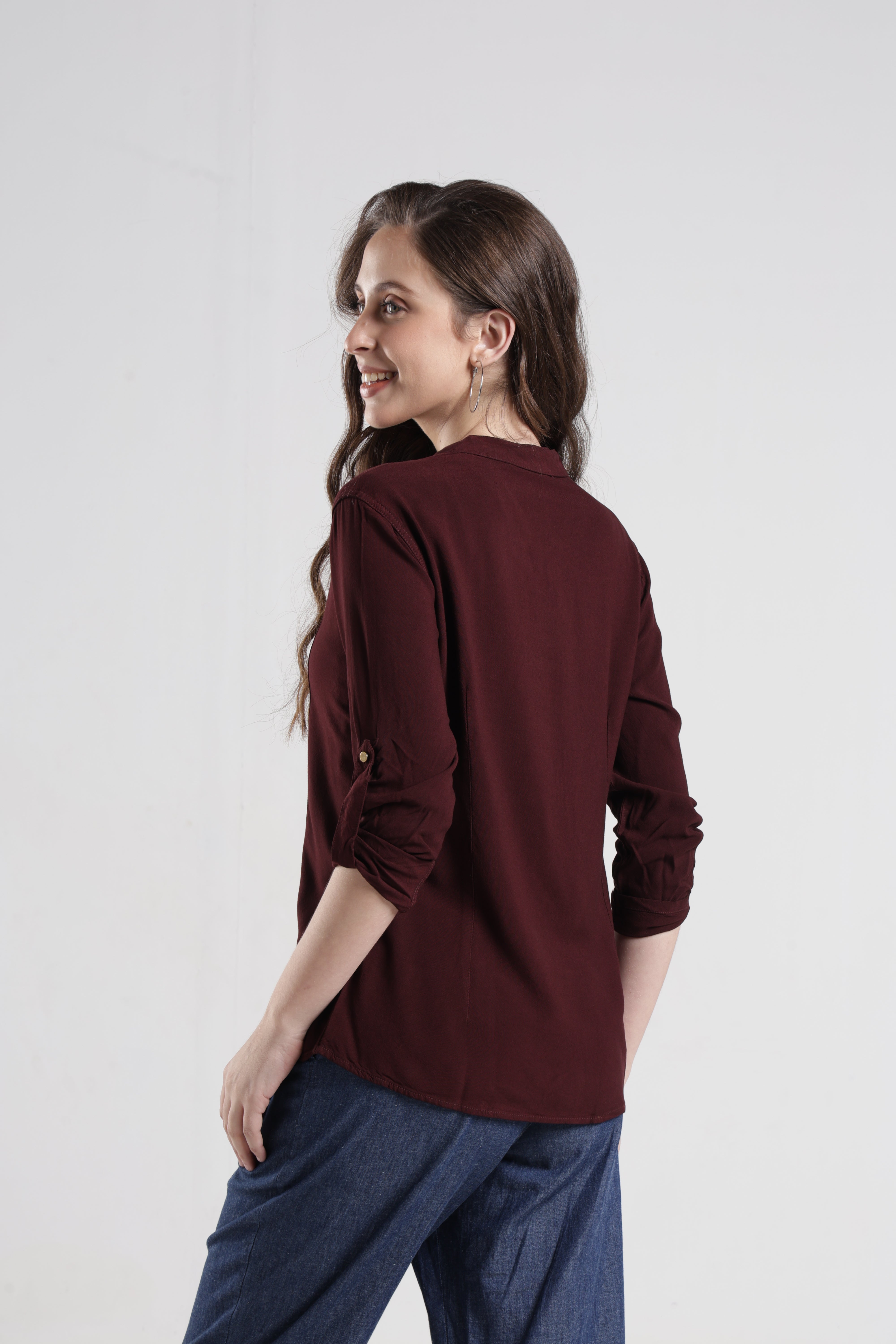 Identiti Women Indo Western Solid Shirt - Nut brown