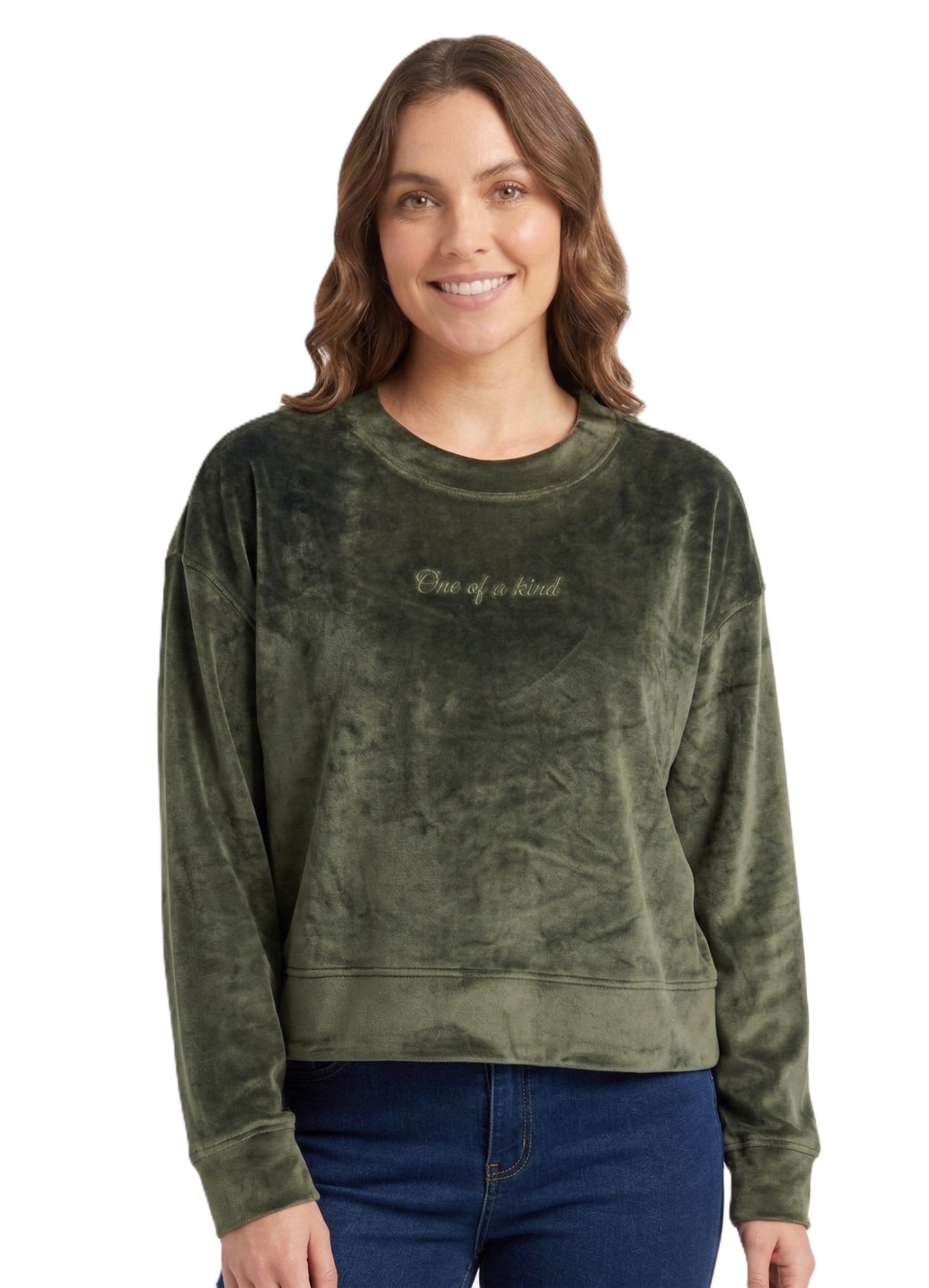 Identiti Women Solid Casual Embroidered Sweatshirt - Olive green.