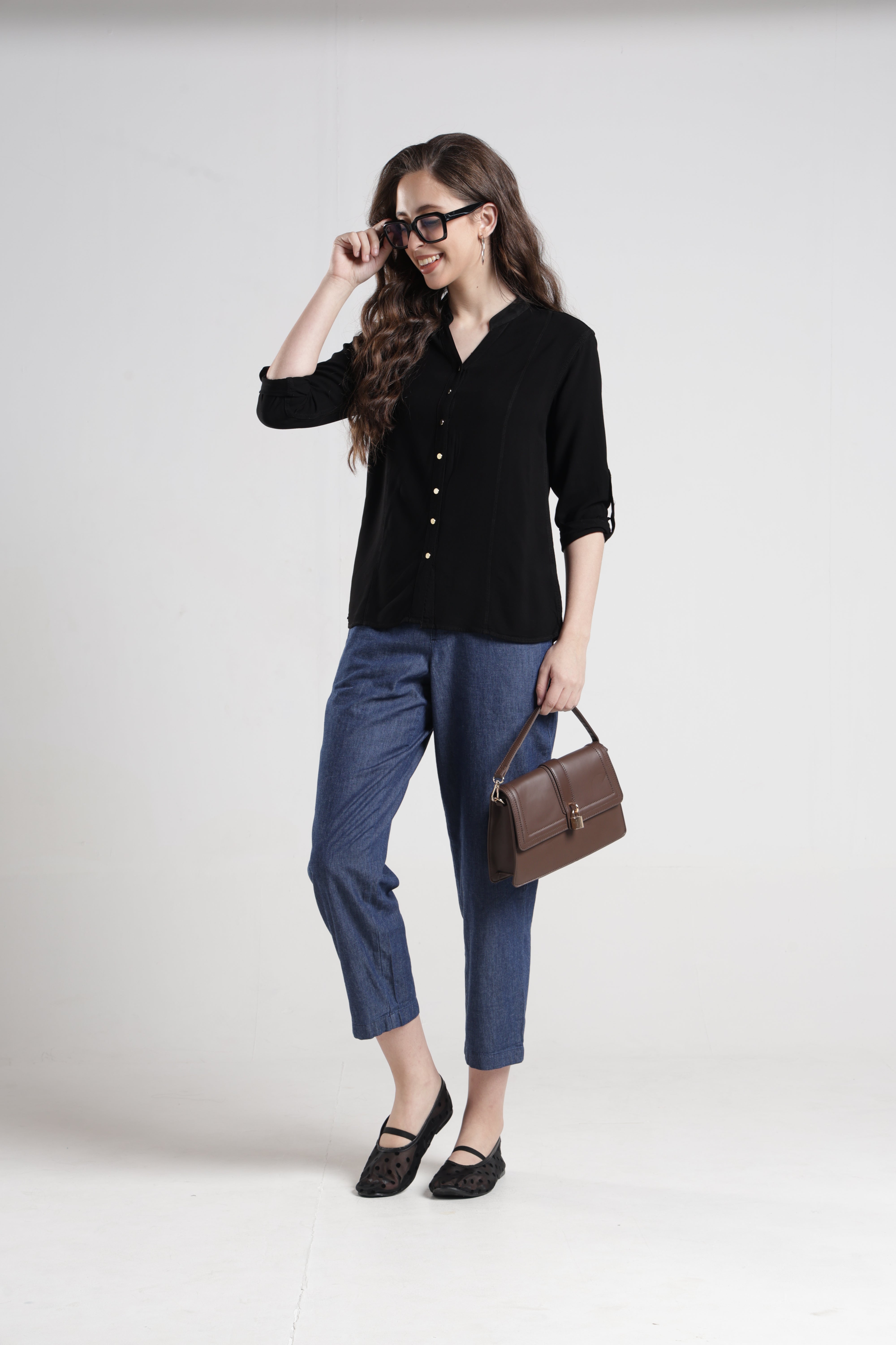 Identiti Women Indo Western Solid Shirt - Black