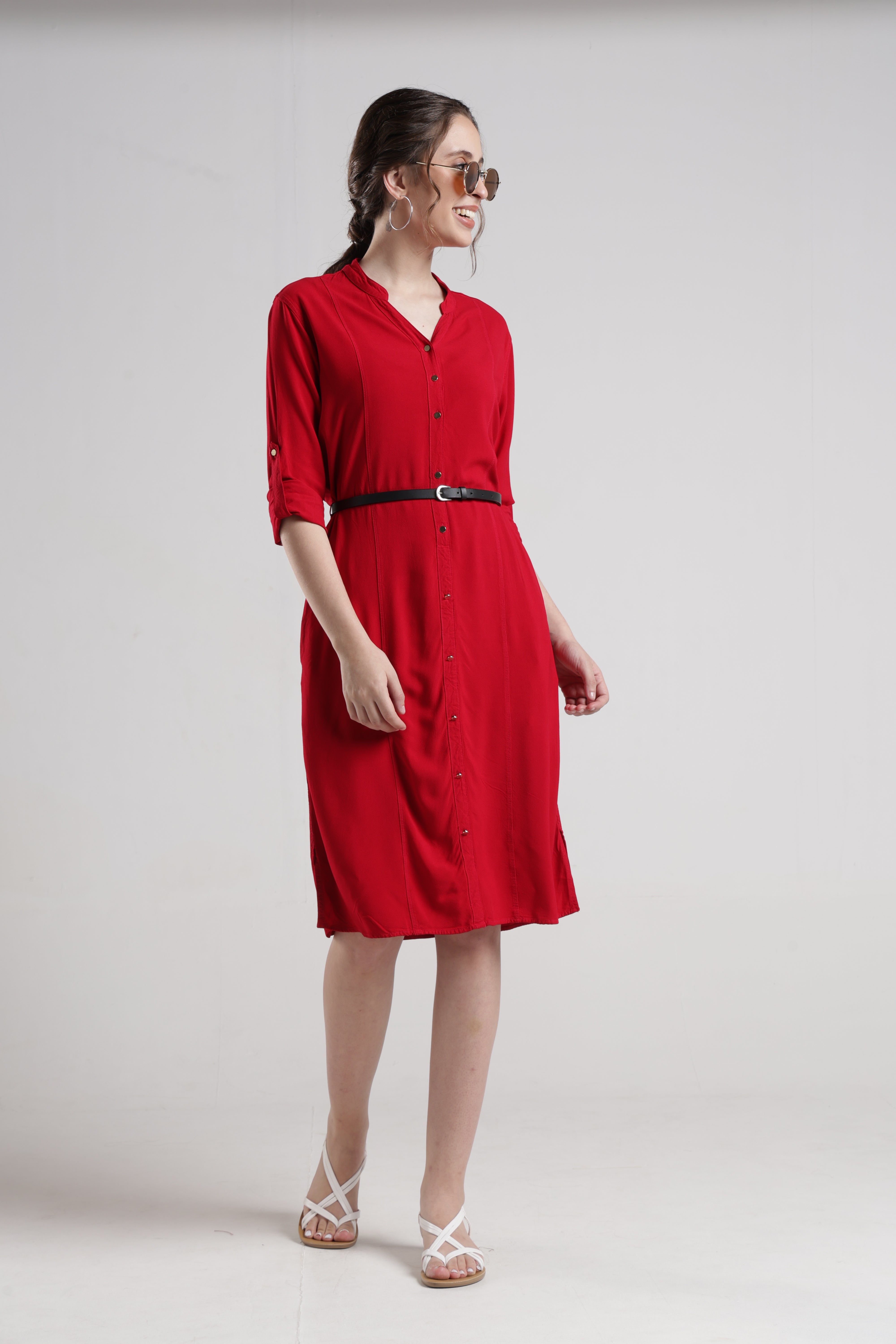 Identiti Women Indo Western Solid Dress - Red