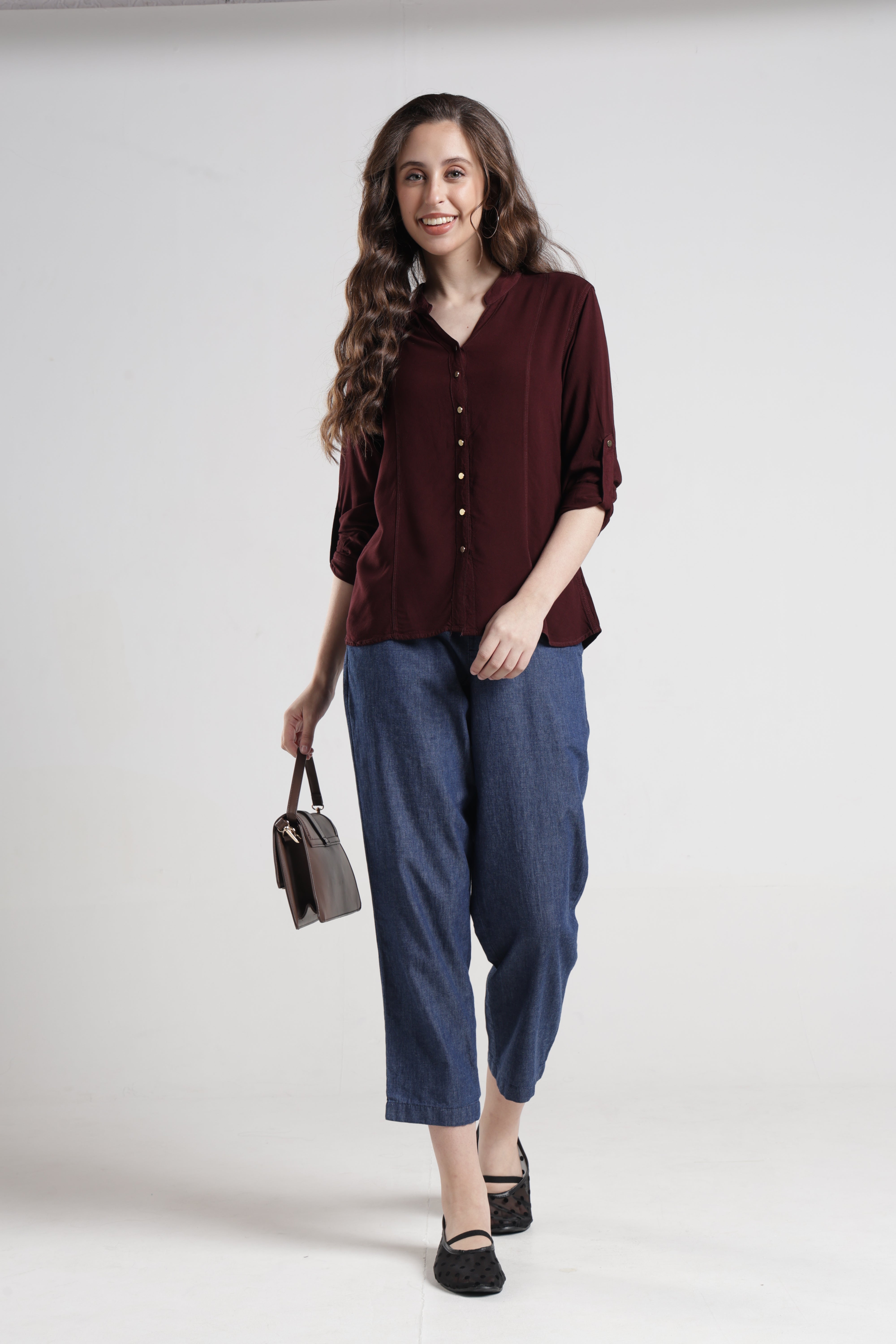 Identiti Women Indo Western Solid Shirt - Nut brown