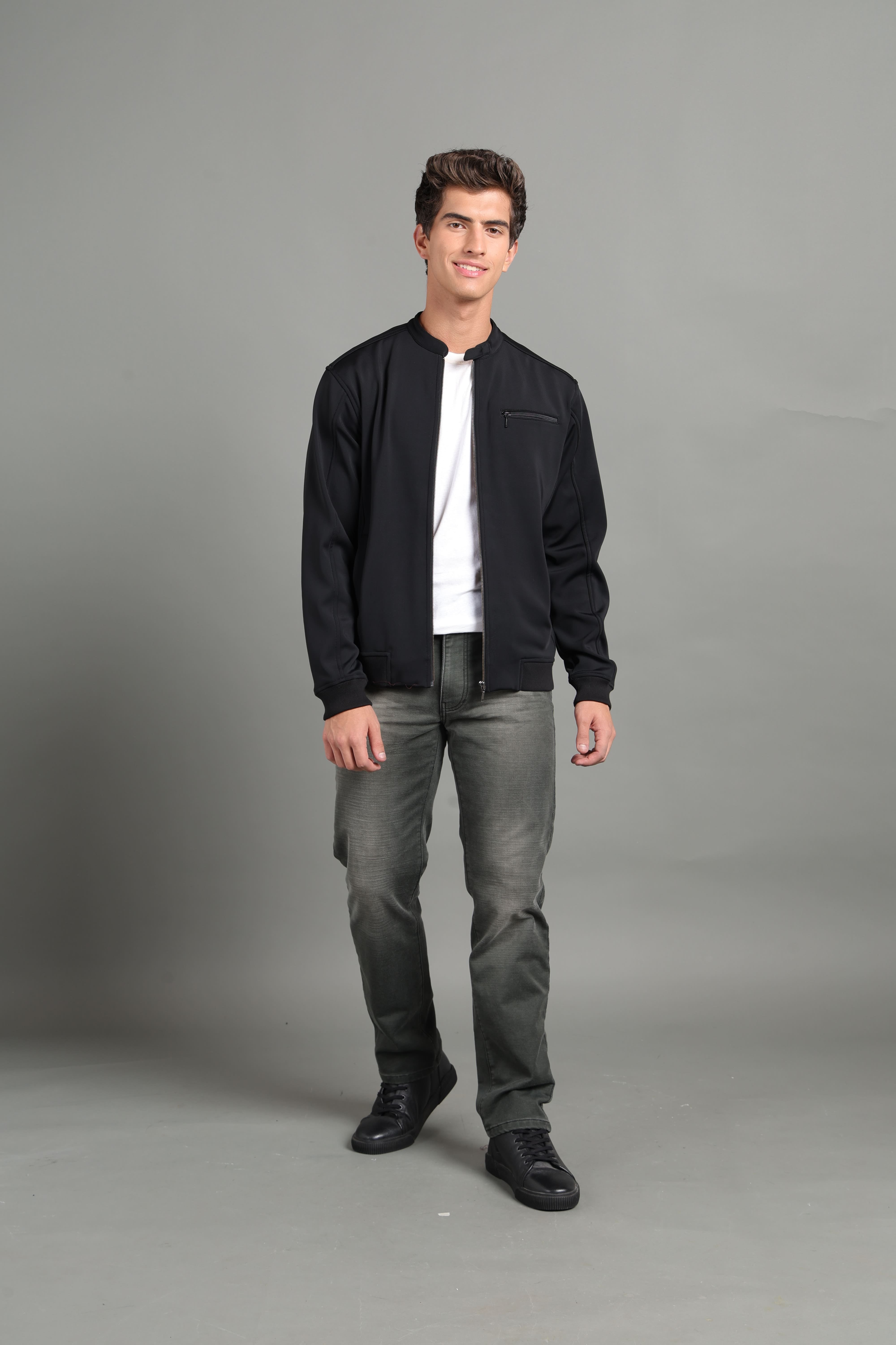 IDENTITI Men Slim Fit Mandarin Collar Solid Jacket In Black.