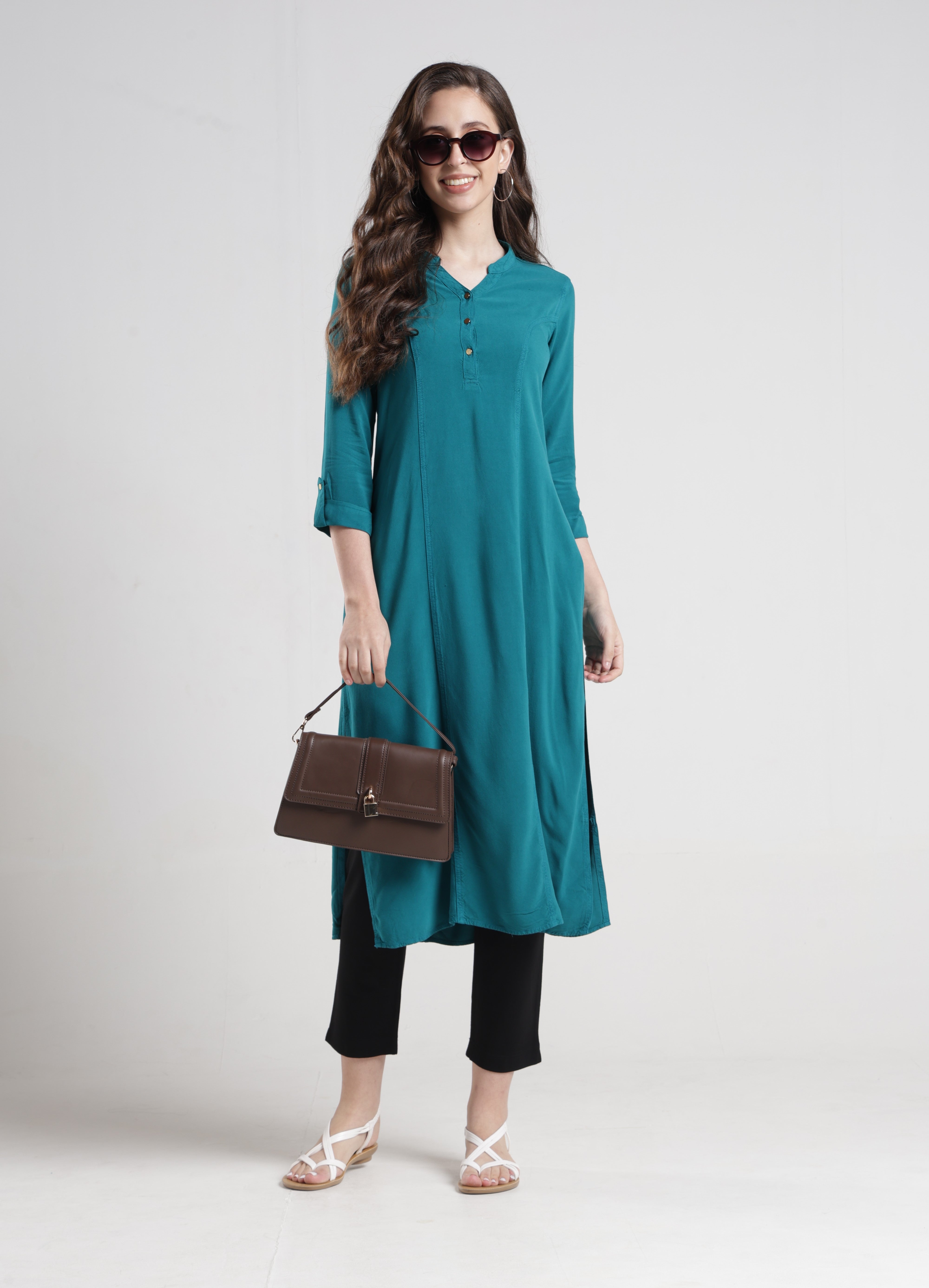 Identiti Women Indo Western Solid Tunic - Teal green