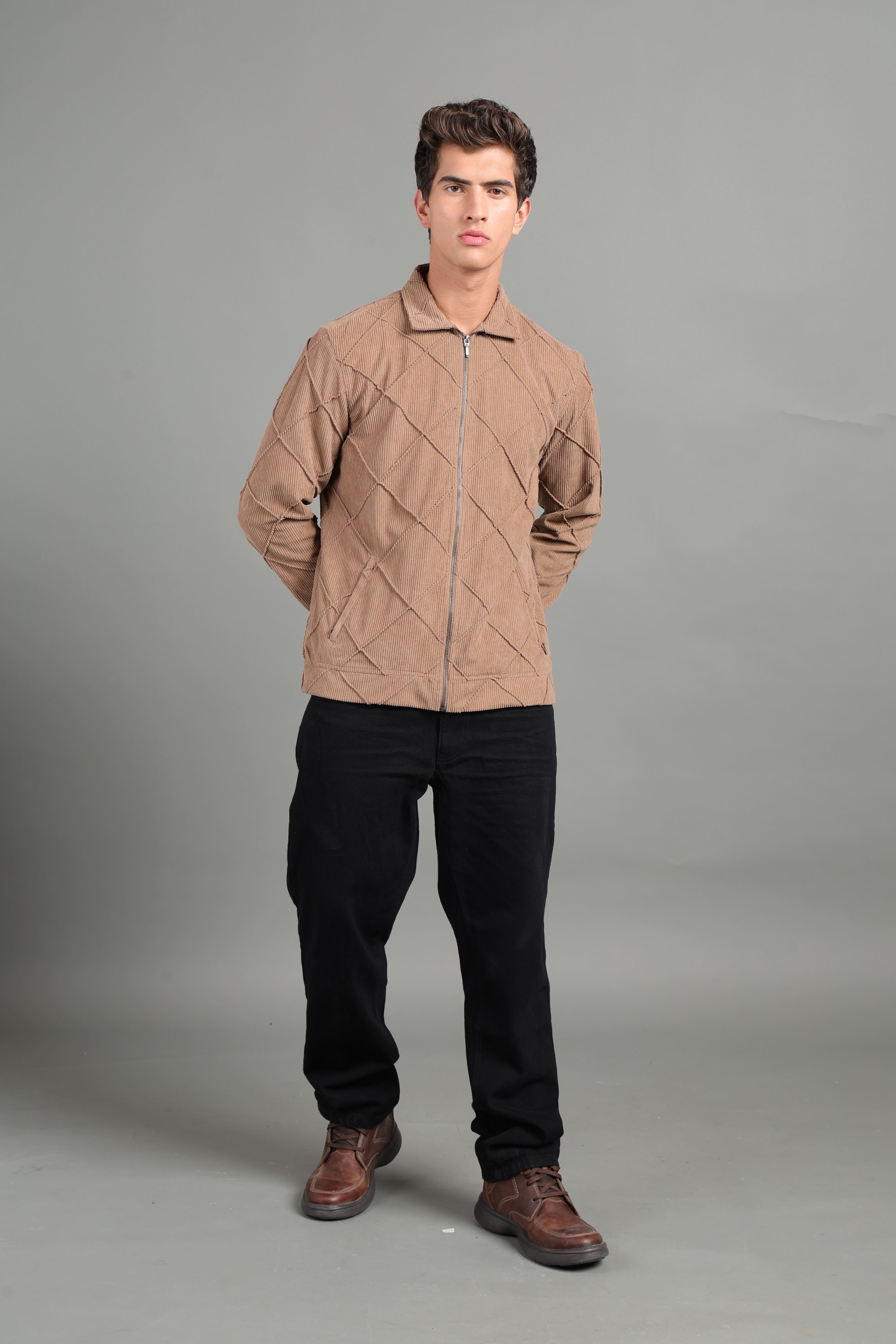 IDENTITI Men Slim Fit Regular Collar Solid Jacket In Khaki.