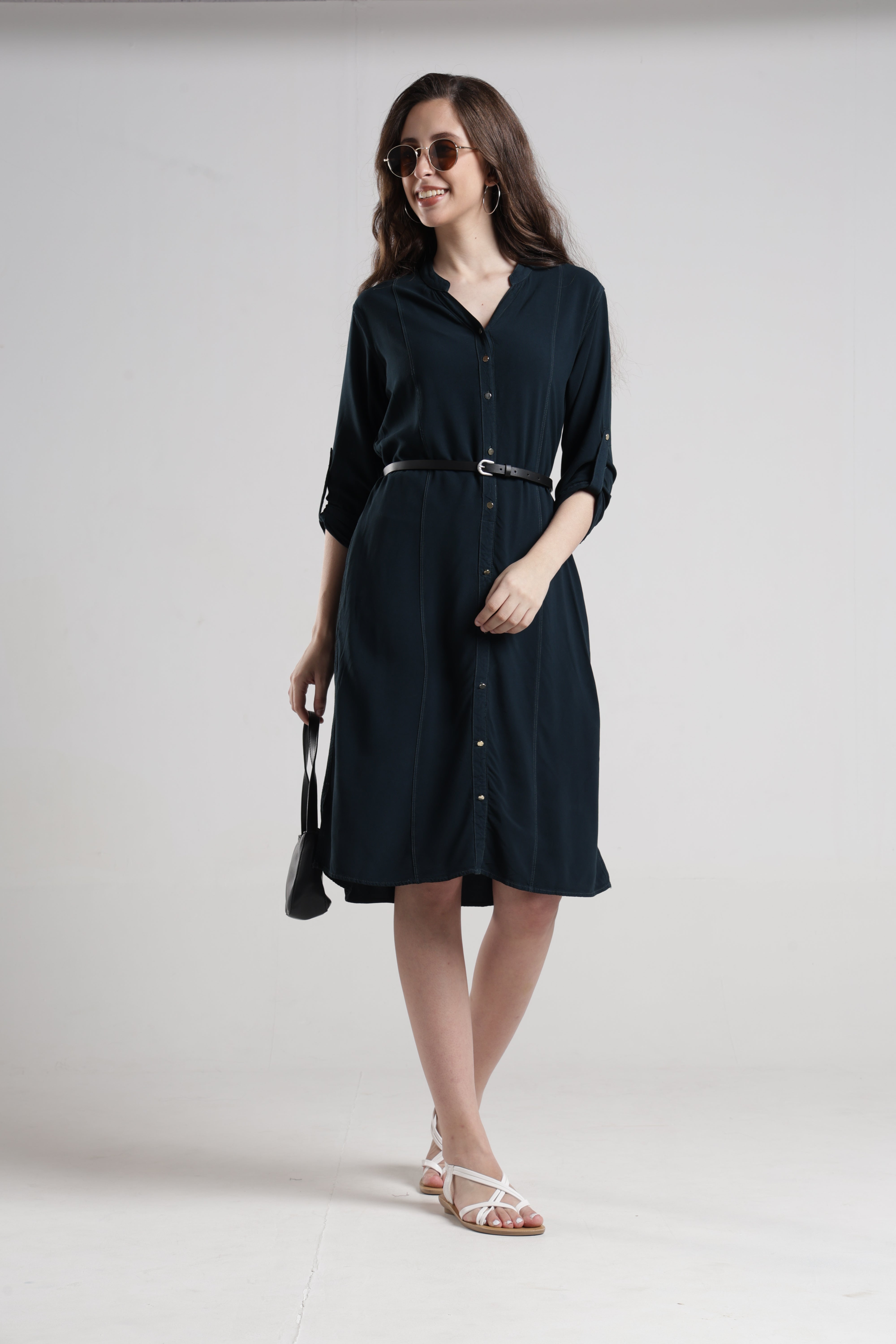 Identiti Women Indo Western Solid Dress - Jungle green