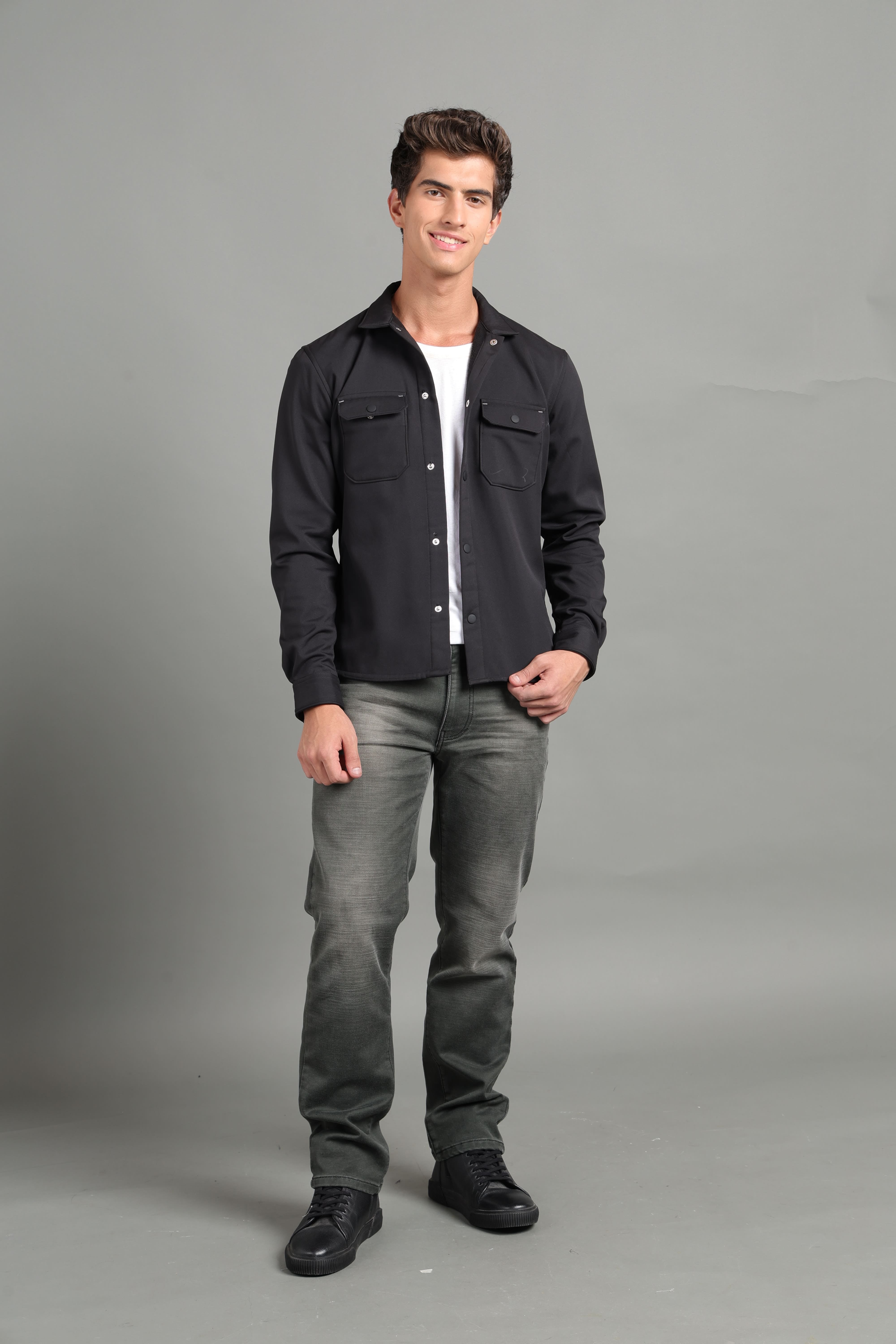 IDENTITI Men Slim Fit Regular Collar Solid Shacket In Black.
