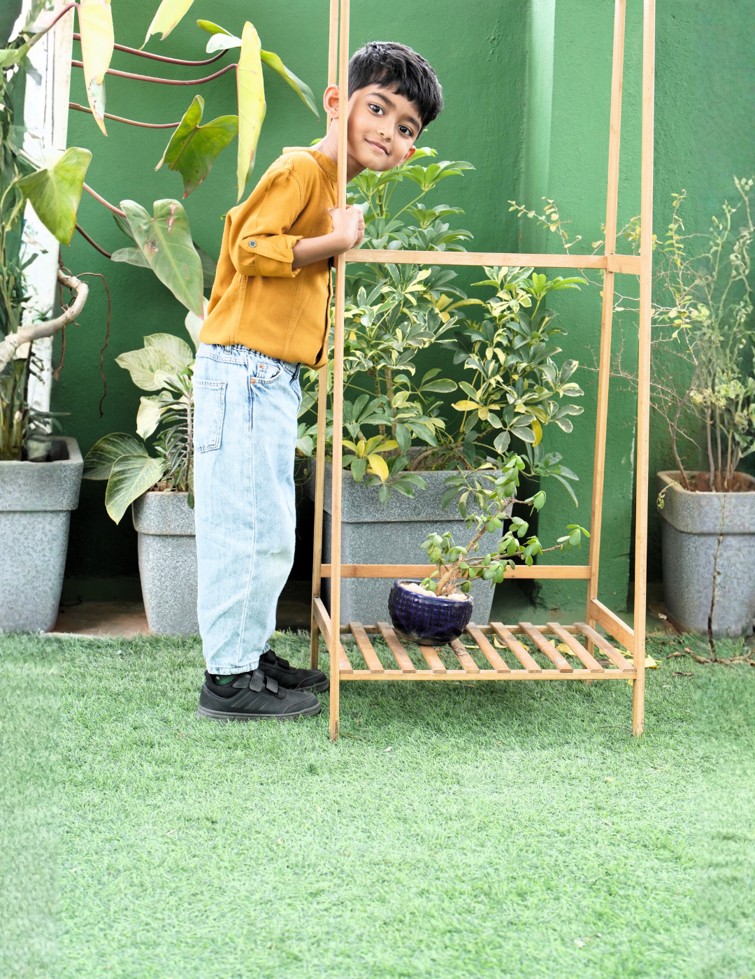 IDENTITI Boys Slim Fit Mandarin Collar Viscose Solid Shirt In Mustard.