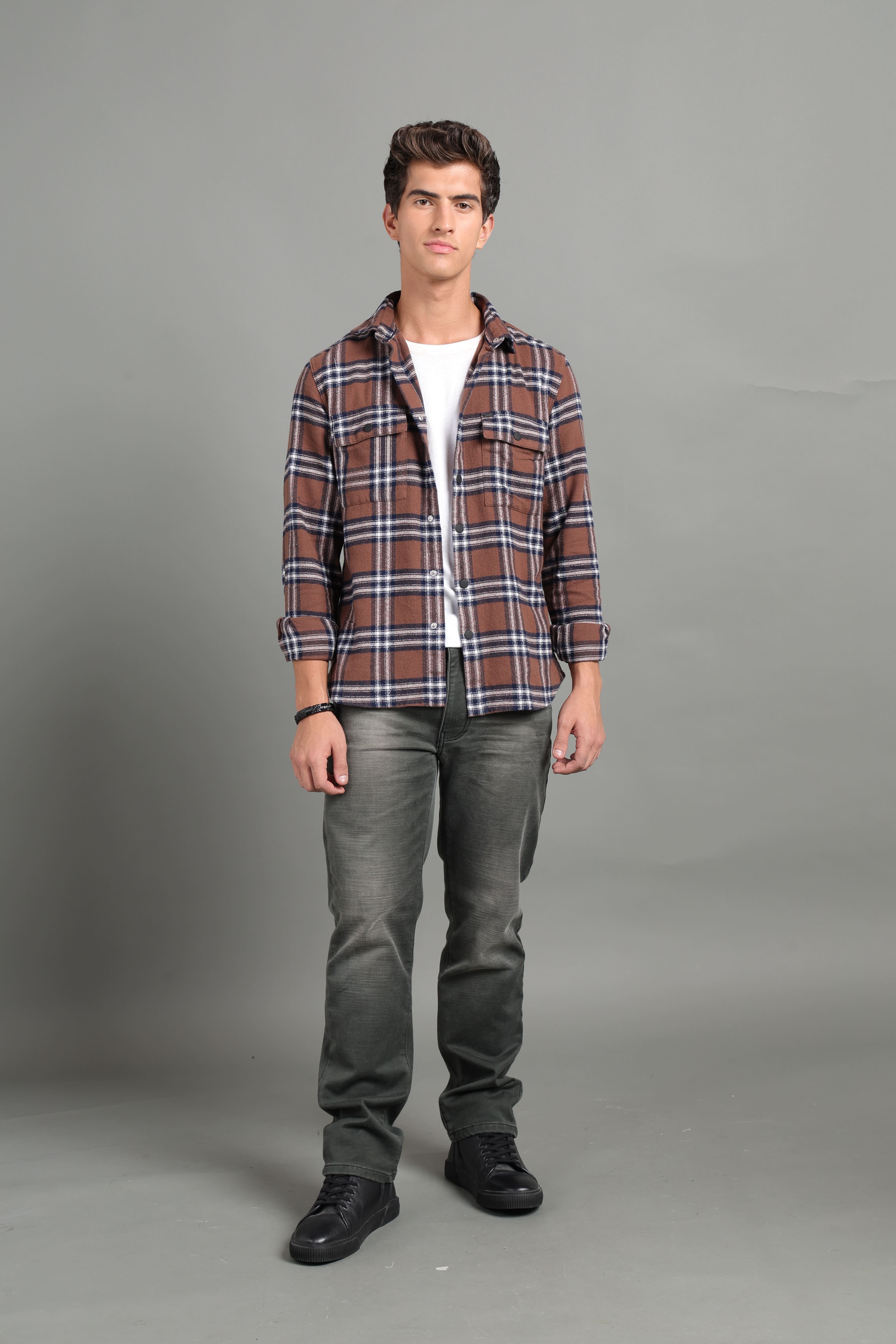 IDENTITI Men Slim Fit Regular Collar Checks Shacket In Brown.