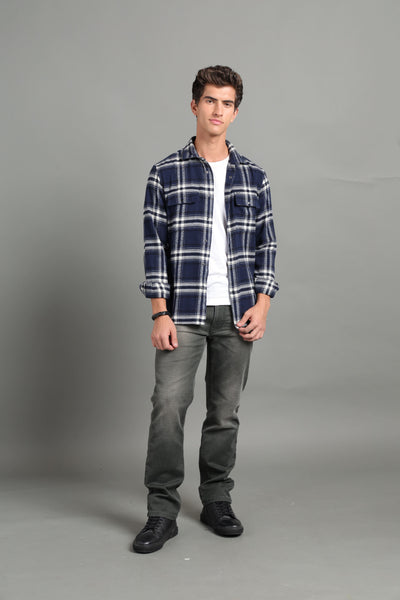 IDENTITI Men Slim Fit Regular Collar Checks Shacket In Navy.