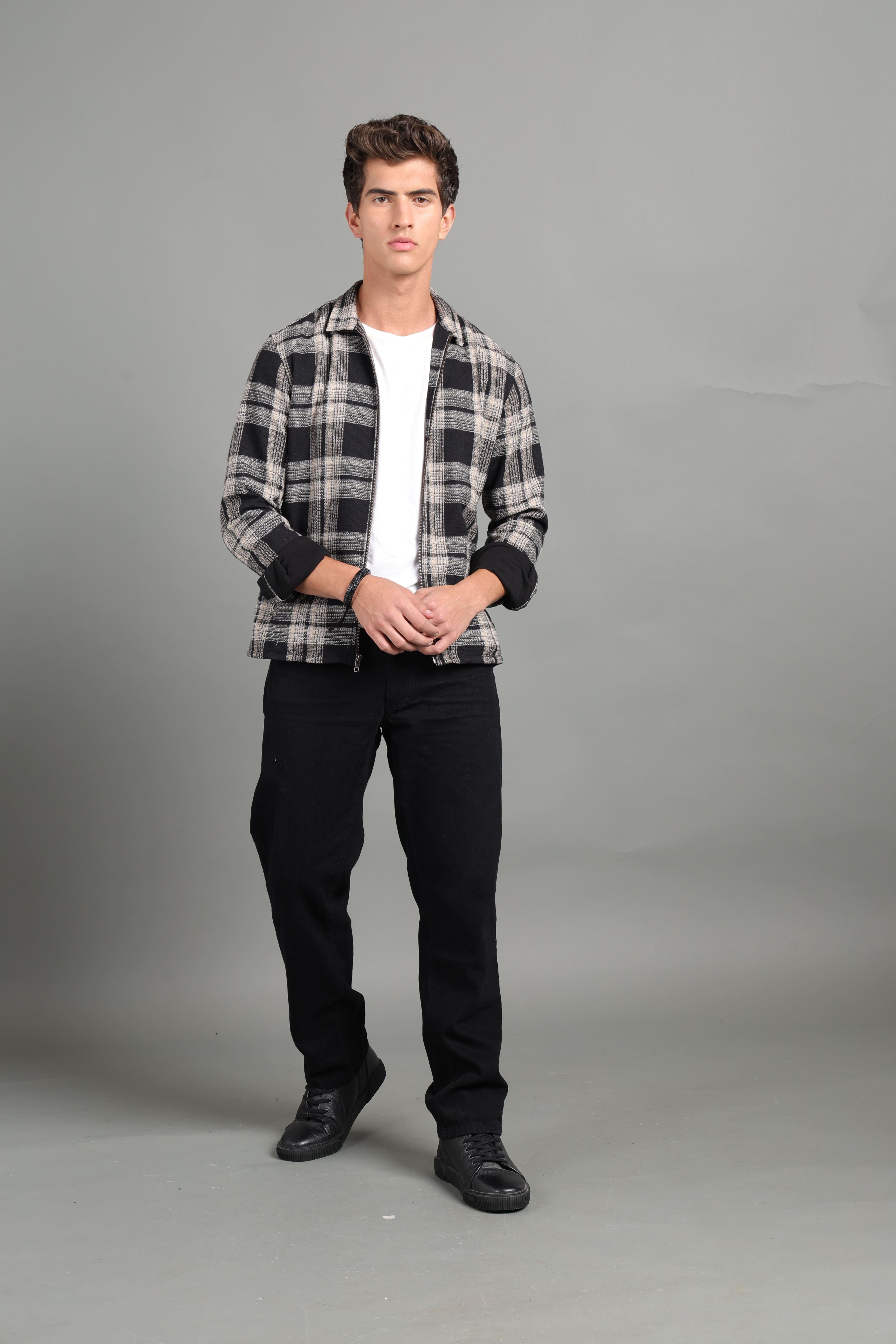 IDENTITI Men Slim Fit Regular Collar Checkes Jacket In Black.