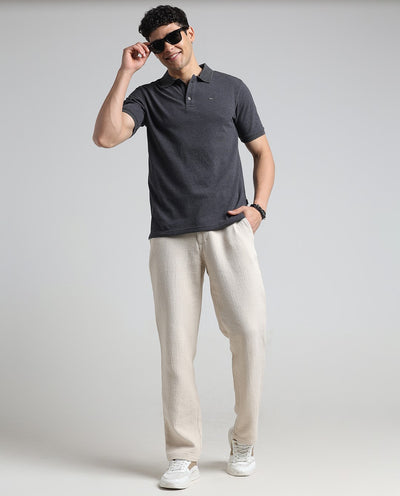 IDENTITI Men Slim Fit Polo Collar Solid T-Shirt In Charcoal.