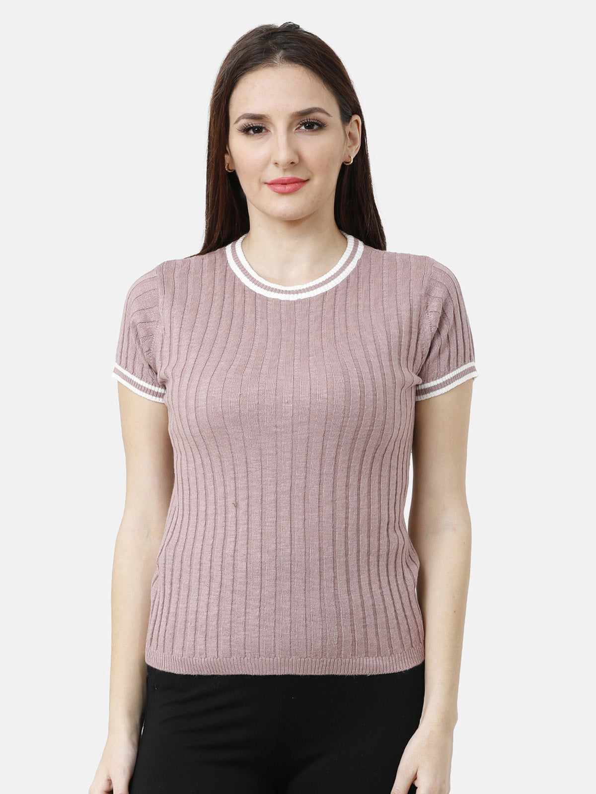 Identiti Women Ribbed Round Neck Short Sleeves Top In Flat Knit