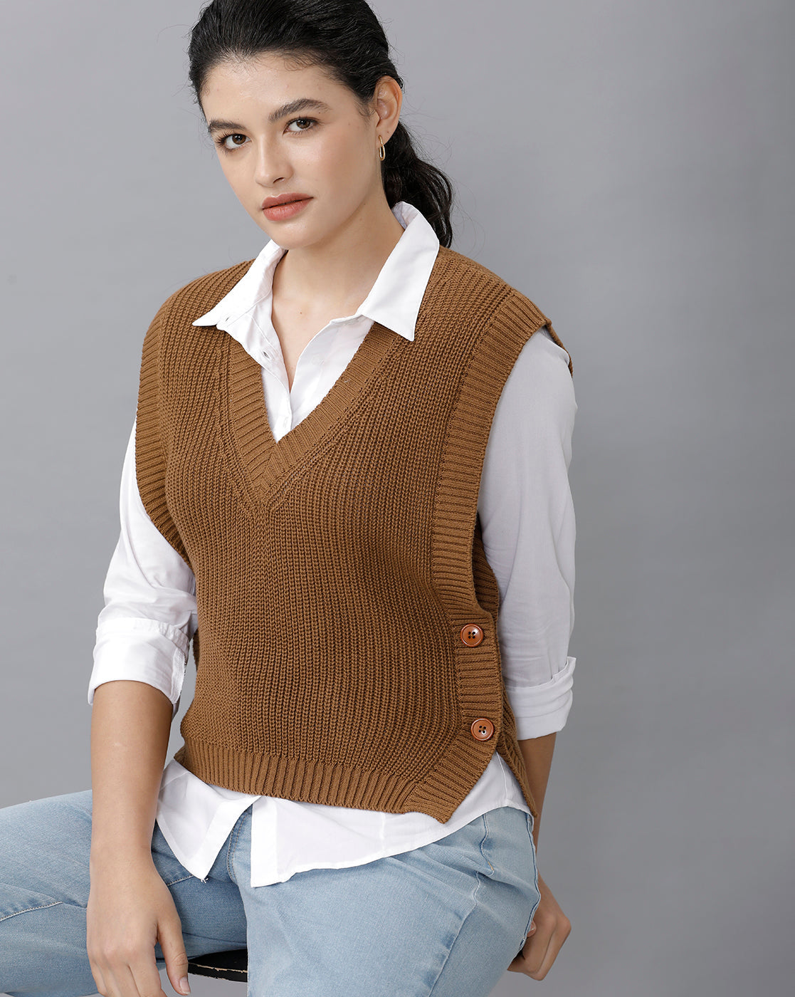 Identiti Women Solid Sweater Vest - Beige (S & M size 8) (L & XL size 12)