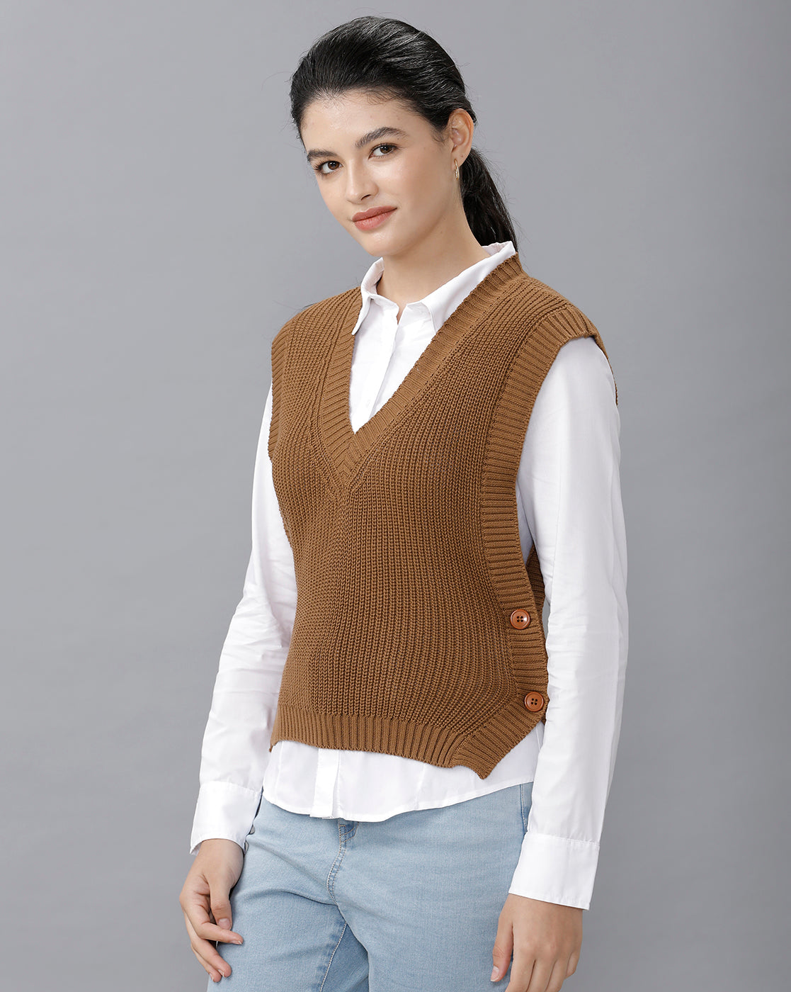 Identiti Women Solid Sweater Vest - Beige (S & M size 8) (L & XL size 12)