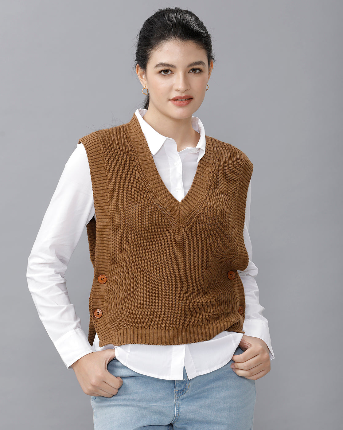 Identiti Women Solid Sweater Vest - Beige (S & M size 8) (L & XL size 12)