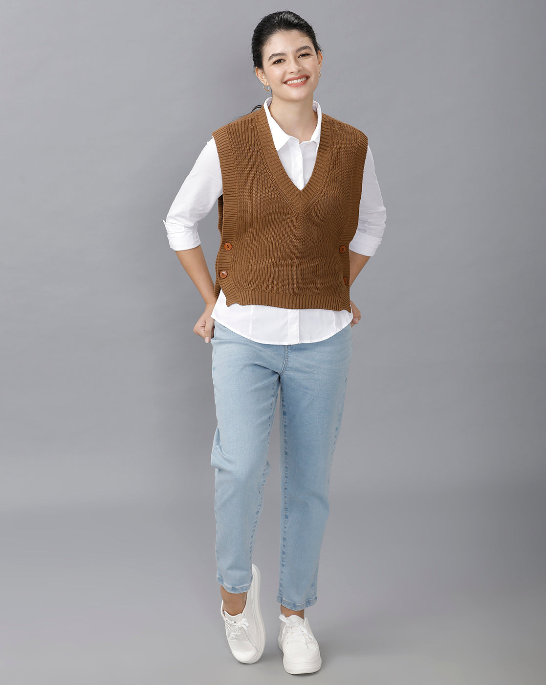 Identiti Women Solid Sweater Vest - Beige (S & M size 8) (L & XL size 12)