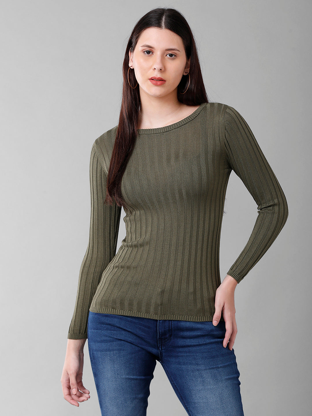 Identiti Women Beige Ribbed Round Neck Long Sleeves Top In Flat Knit