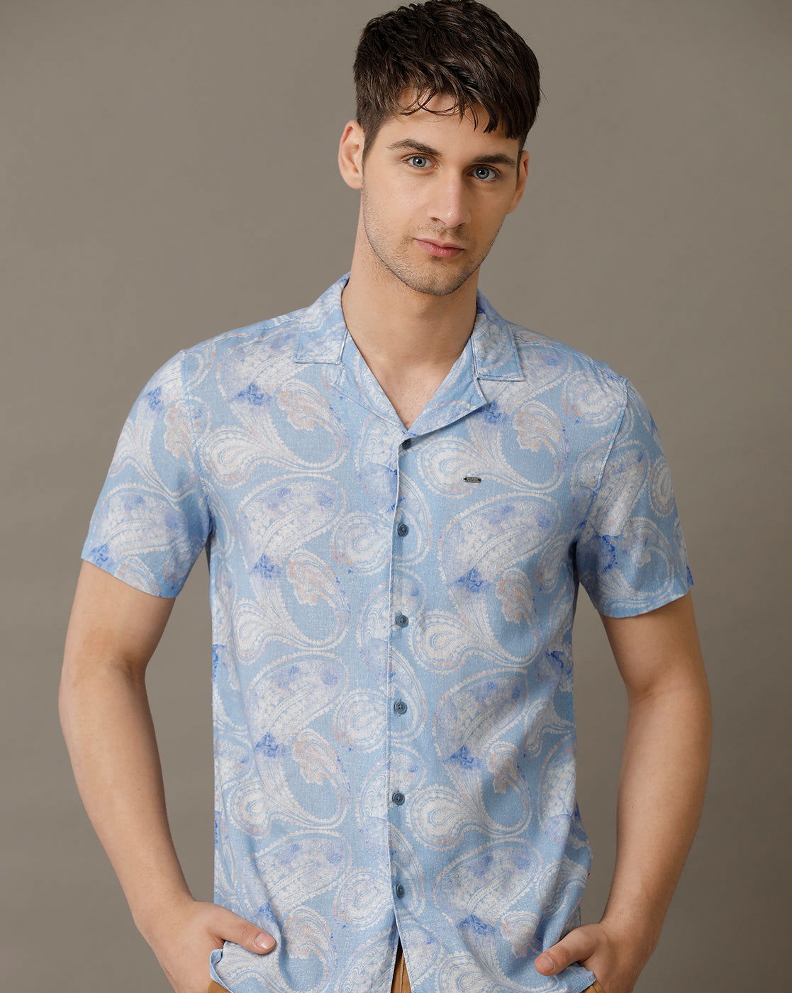IDENTITI Men Slim Fit Cuban Collar Printed Shirt In Blue.