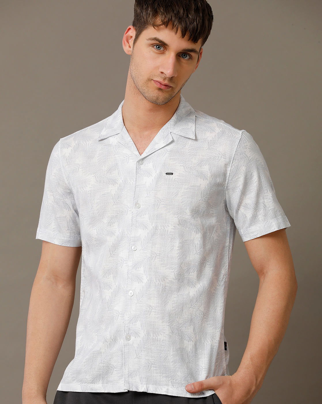 IDENTITI Men Slim Fit Cuban Collar Printed Shirt In Blue.