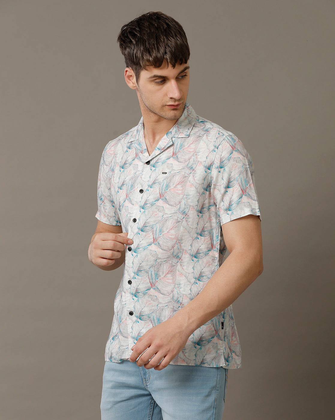IDENTITI Men Slim Fit Cuban Collar Printed Shirt In Grey.