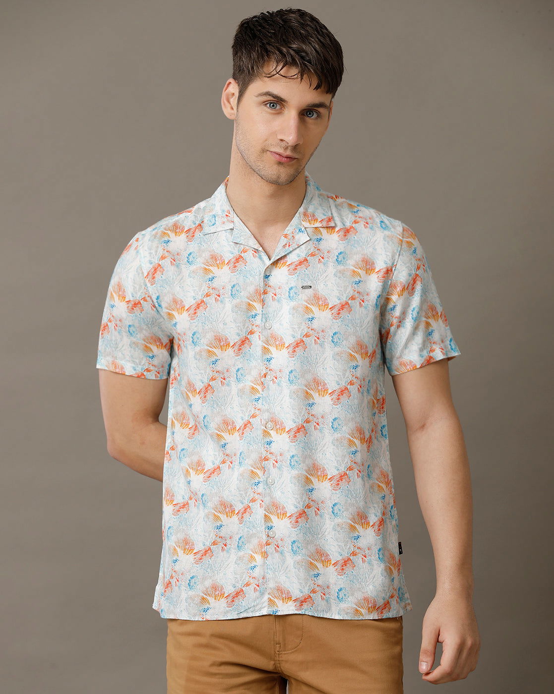 IDENTITI Men Slim Fit Cuban Collar Printed Shirt In Orange.