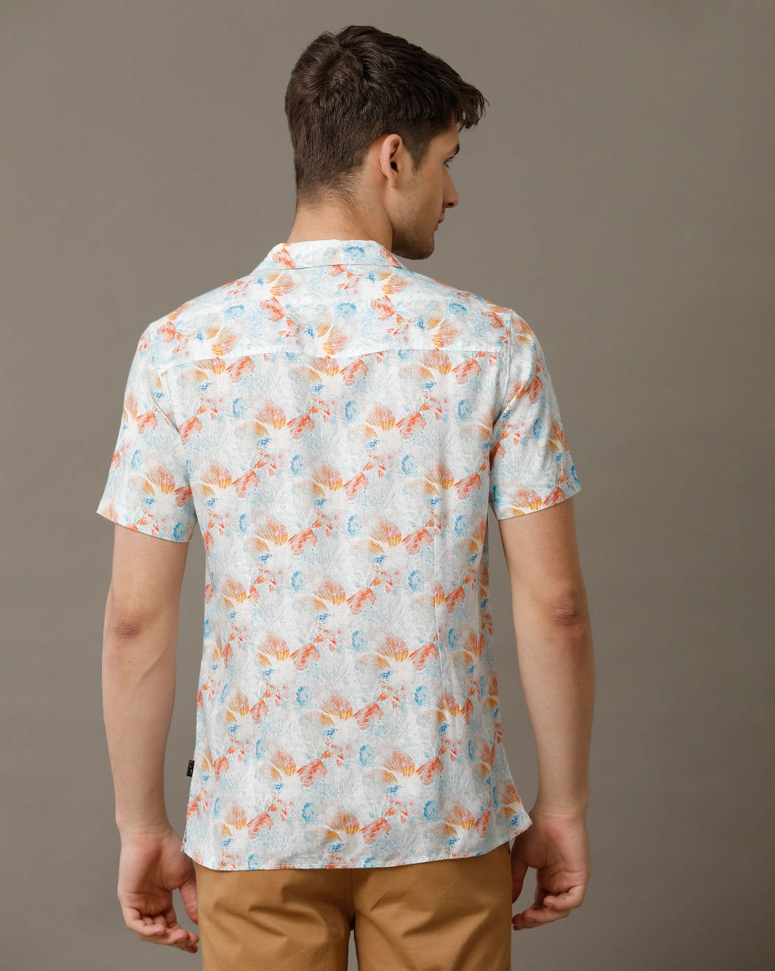 IDENTITI Men Slim Fit Cuban Collar Printed Shirt In Orange.