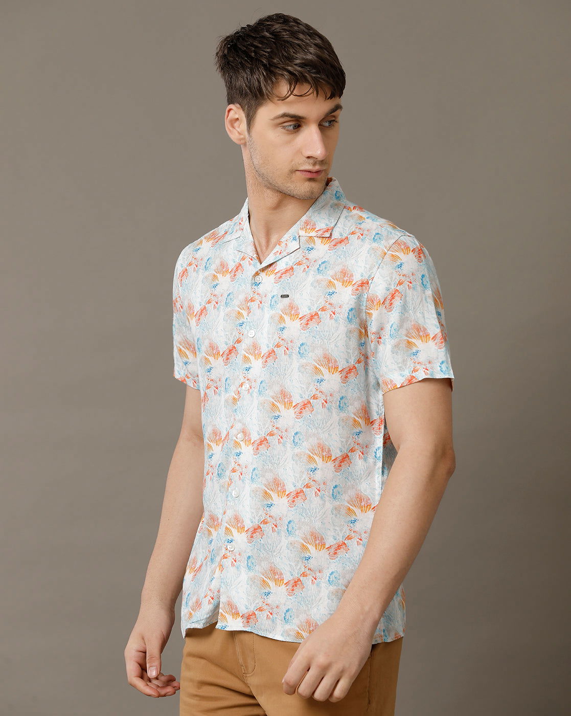 IDENTITI Men Slim Fit Cuban Collar Printed Shirt In Orange.