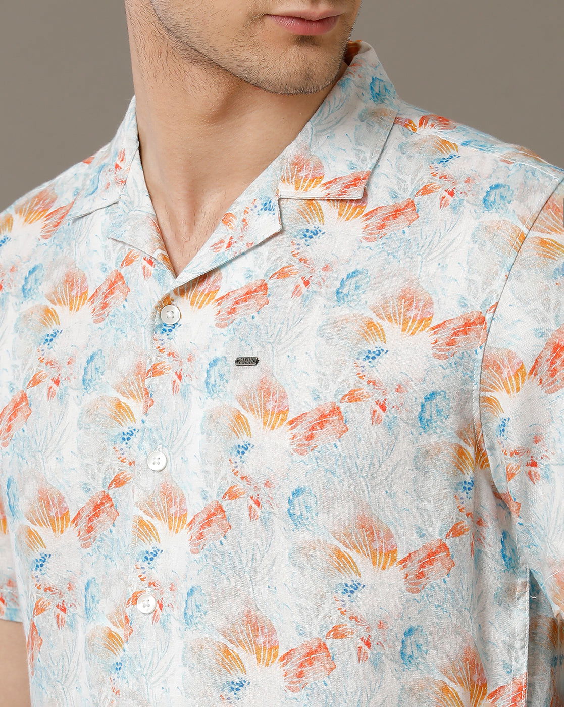 IDENTITI Men Slim Fit Cuban Collar Printed Shirt In Orange.