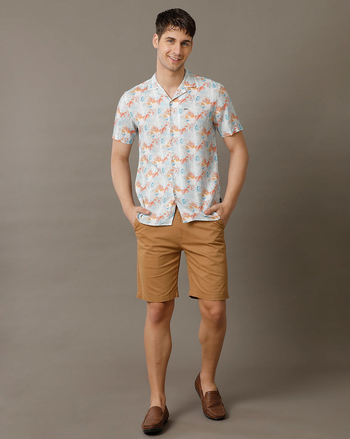 IDENTITI Men Slim Fit Cuban Collar Printed Shirt In Orange.