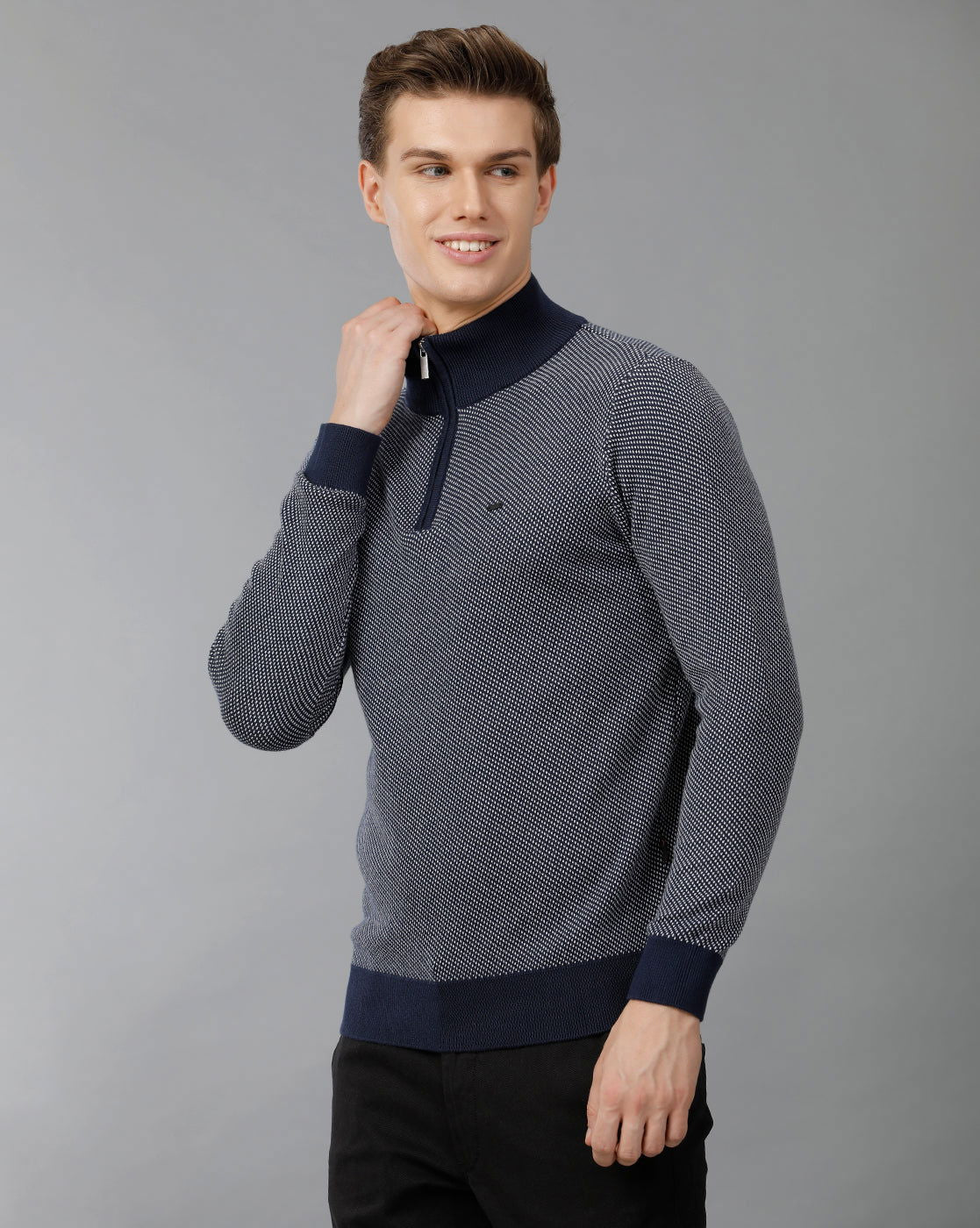 IDENTITI Men Slim Fit High Neck Jacquard Pullover In Navy