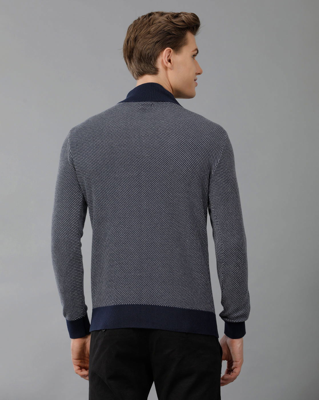 IDENTITI Men Slim Fit High Neck Jacquard Pullover In Navy