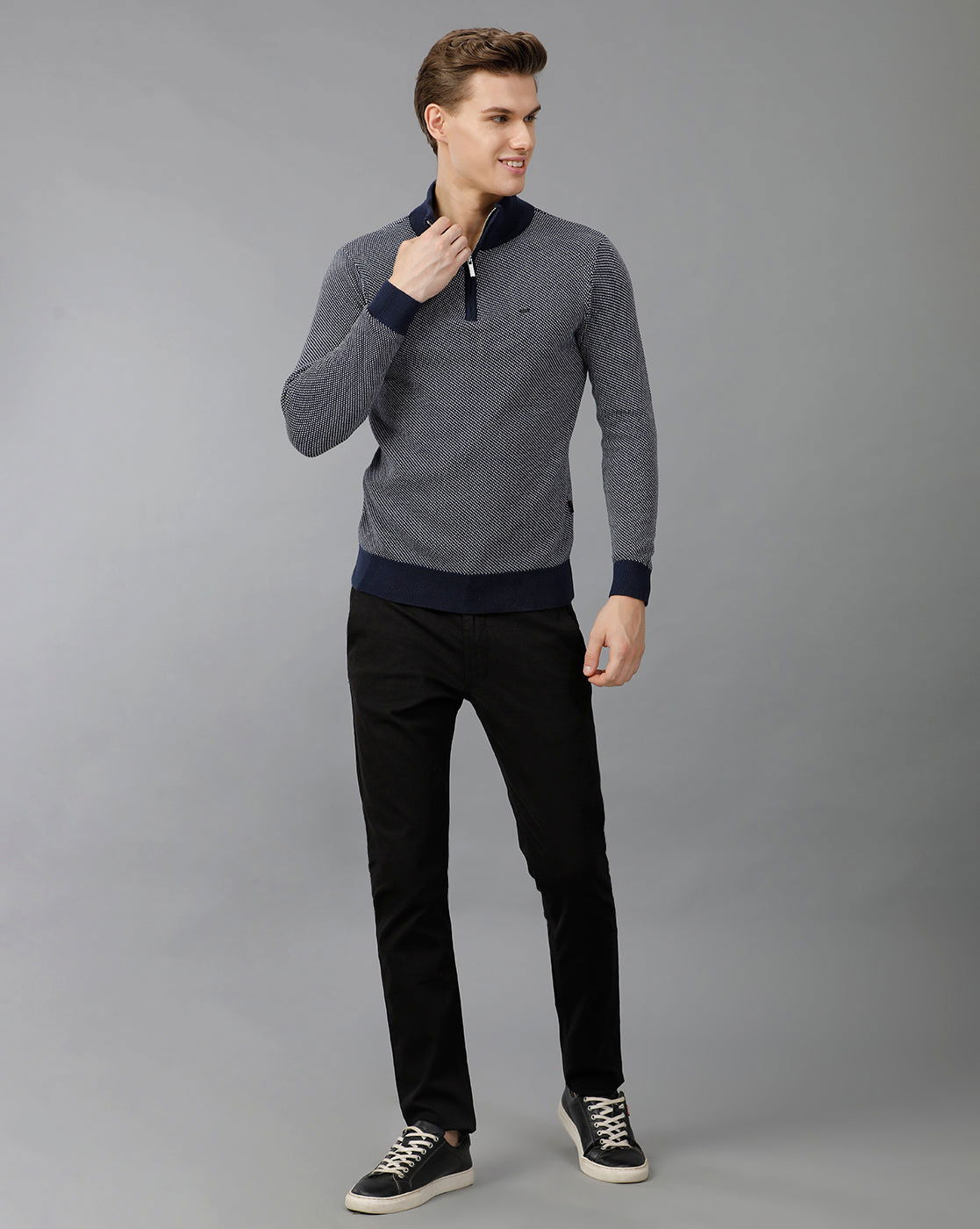 IDENTITI Men Slim Fit High Neck Jacquard Pullover In Navy