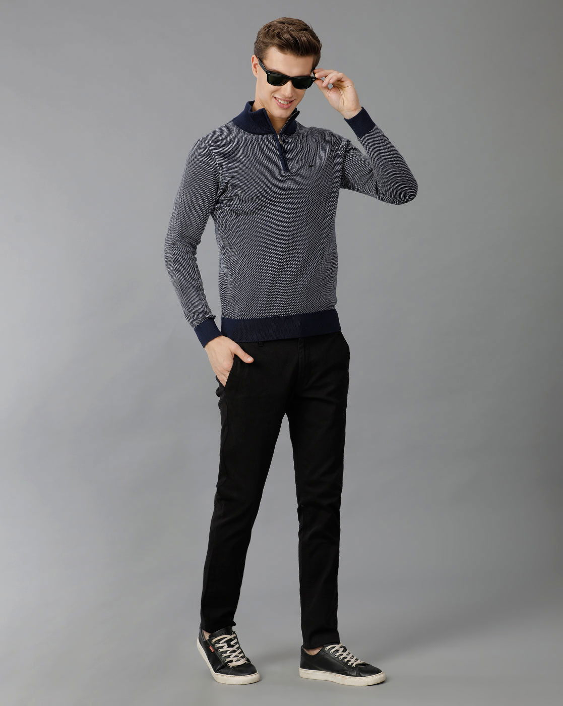IDENTITI Men Slim Fit High Neck Jacquard Pullover In Navy