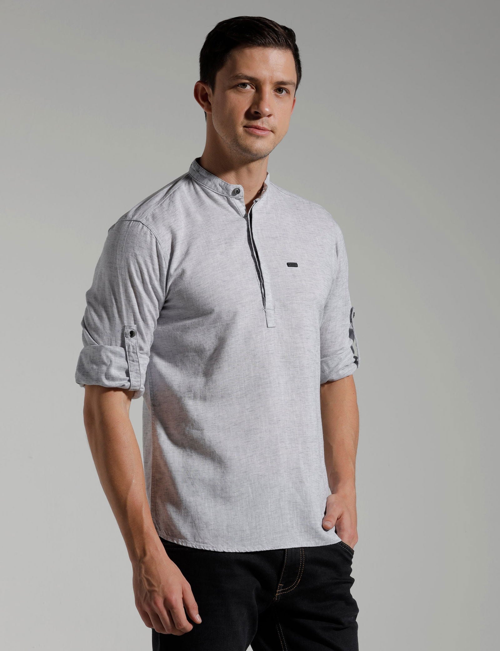 IDENTITI Men Slim Fit Mandarin Collar Solid Shirt In Grey
