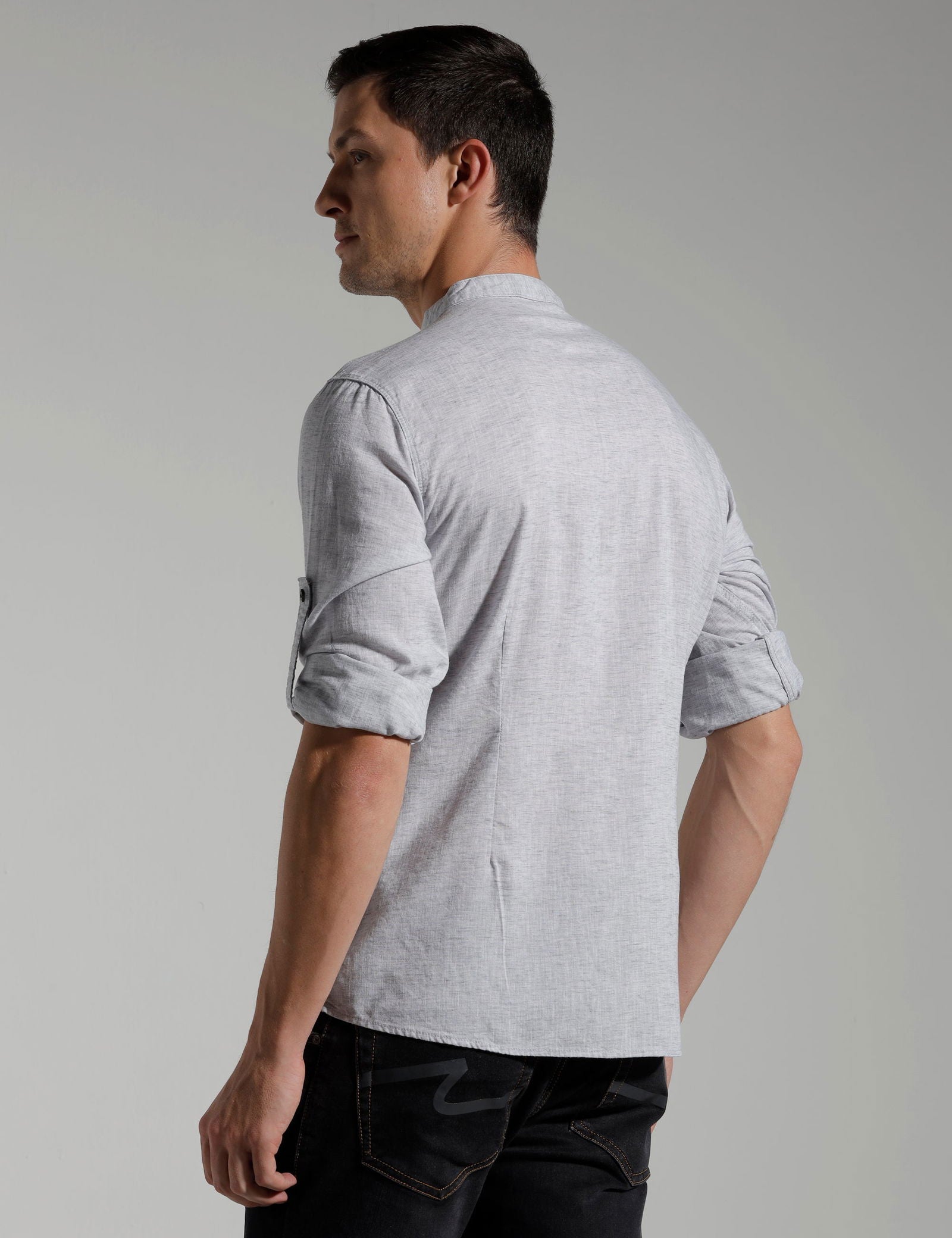 IDENTITI Men Slim Fit Mandarin Collar Solid Shirt In Grey