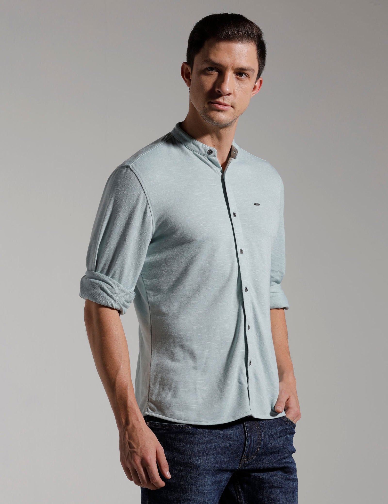 IDENTITI Men Slim Fit Mandarin Collar Stripe Shirt