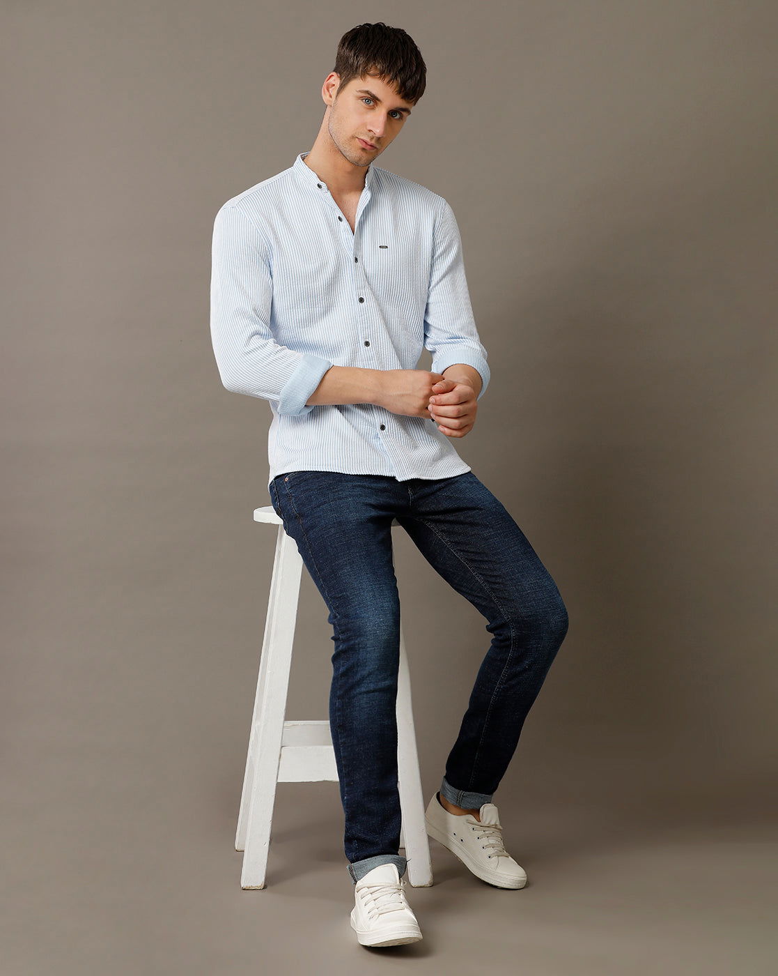 IDENTITI Men Slim Fit Mandarin Collar Stripe Shirt In Blue.