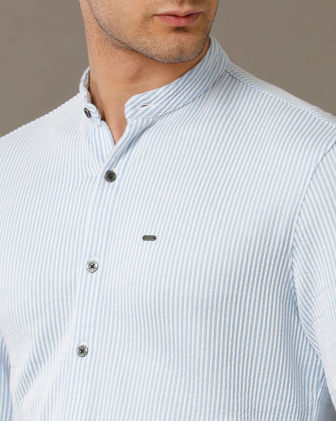 IDENTITI Men Slim Fit Mandarin Collar Stripe Shirt In Blue.