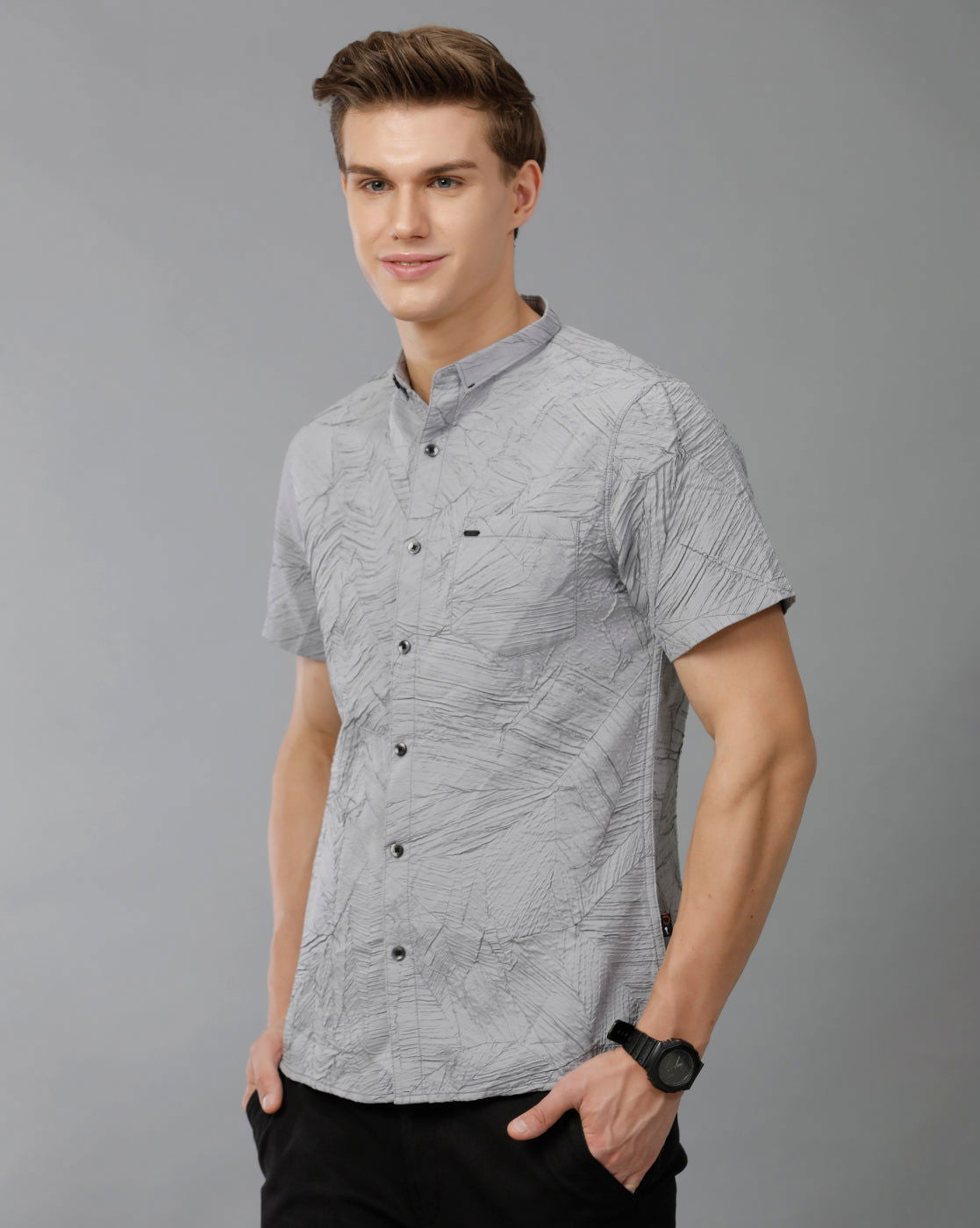IDENTITI Men Slim Fit Short Collar Printed Shirt In Grey