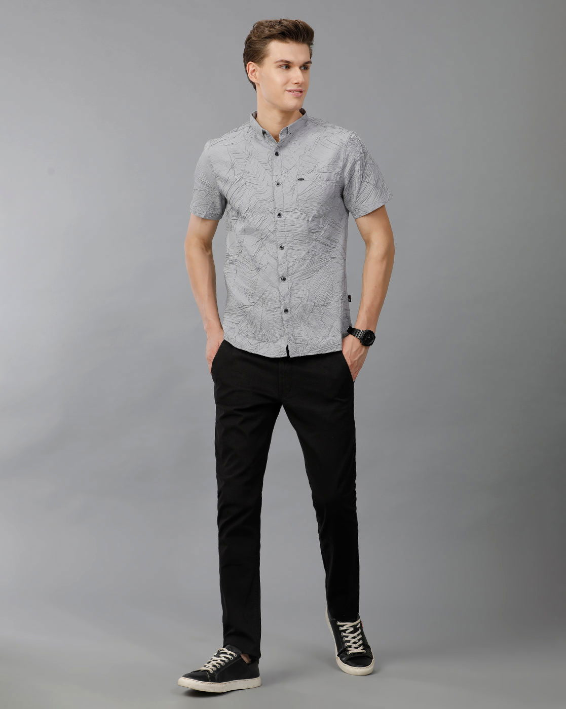 IDENTITI Men Slim Fit Short Collar Printed Shirt In Grey
