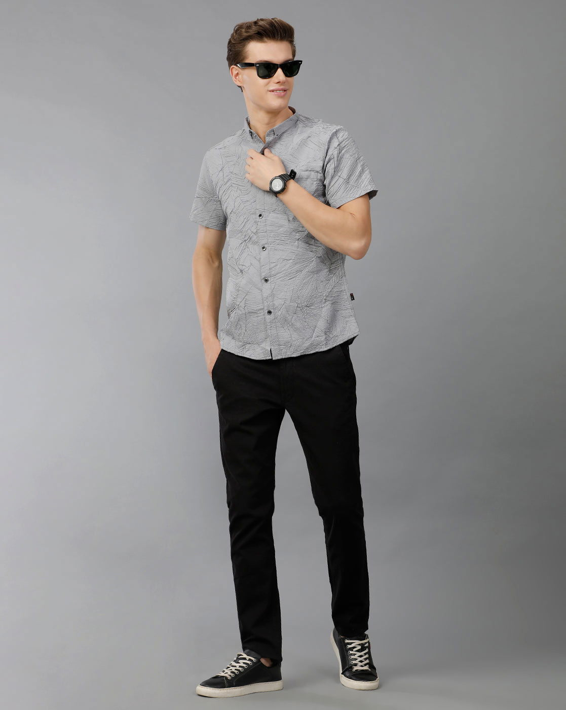 IDENTITI Men Slim Fit Short Collar Printed Shirt In Grey