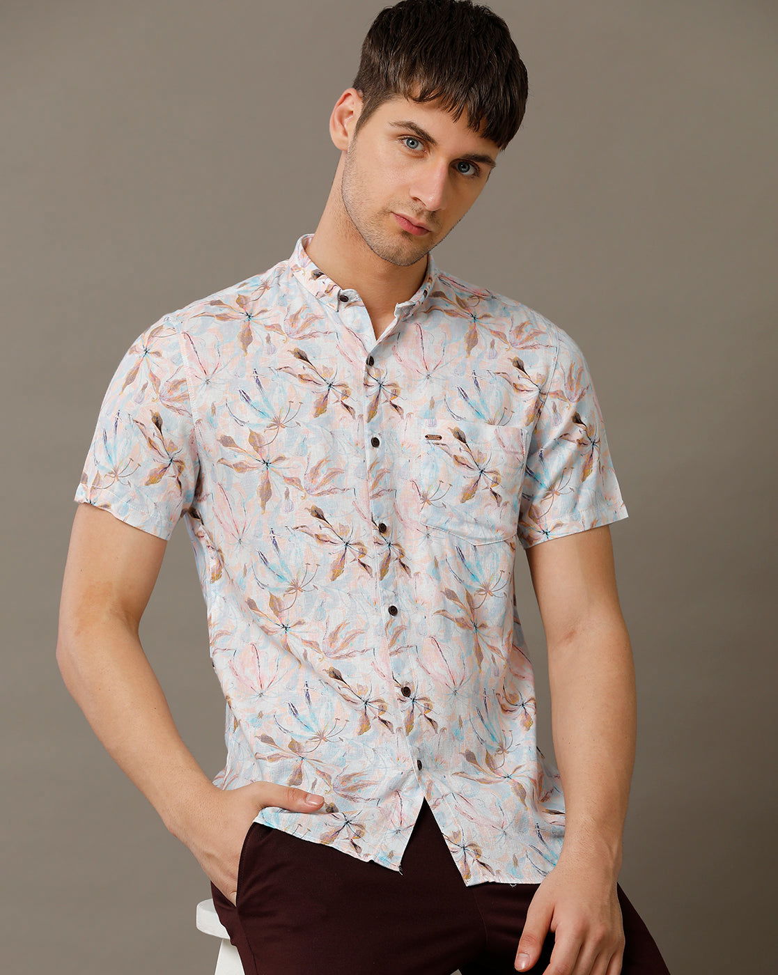 IDENTITI Men Slim Fit Short Collar Printed Shirt In Purple.