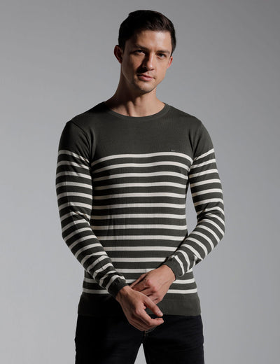 Identiti Full Sleeve Striped Slim Fit Cotton Casual Pull Over T-shirt For Men