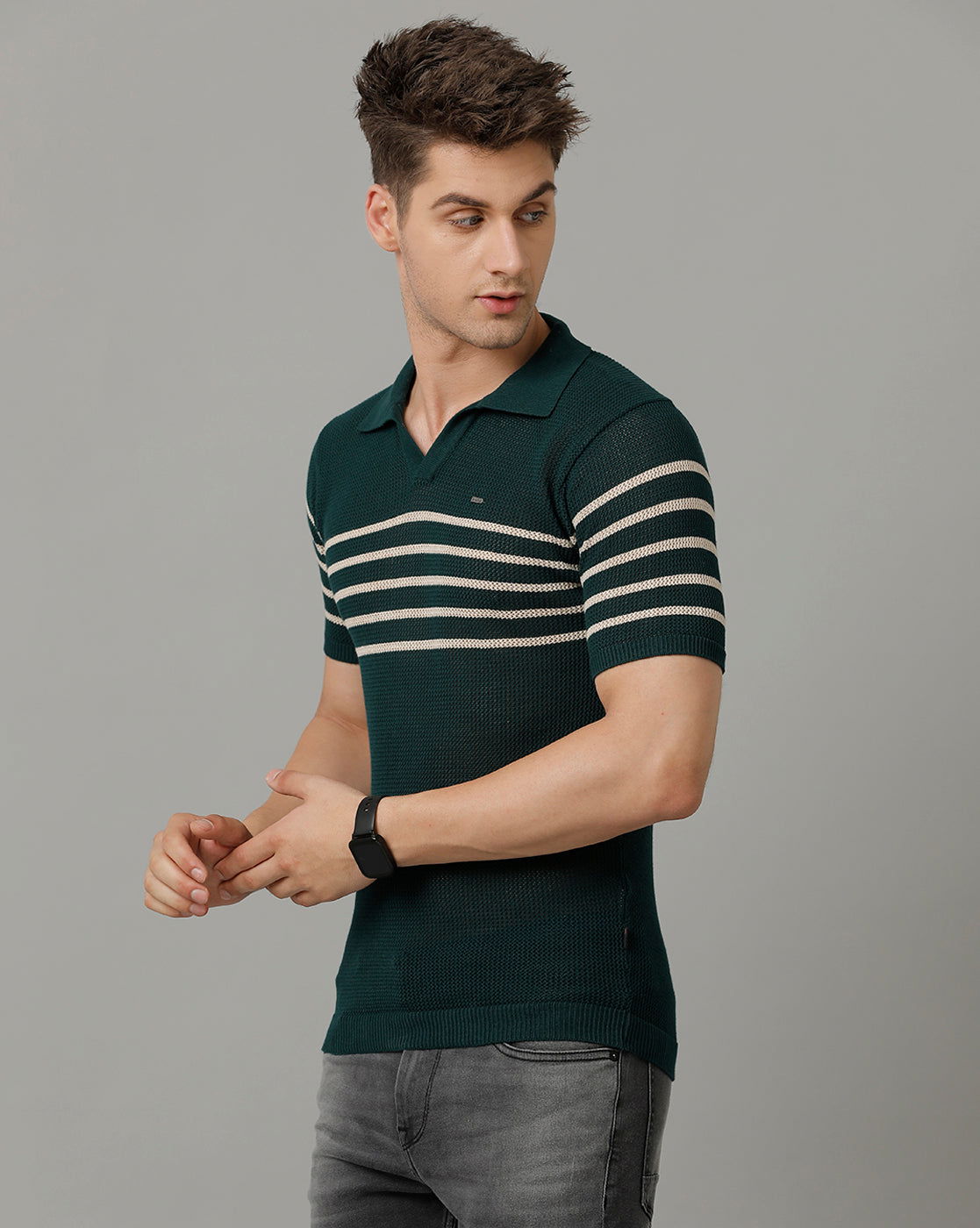Identiti Green Half Sleeve Striped Slim Fit Cotton Casual Polo T-Shirt For Men.