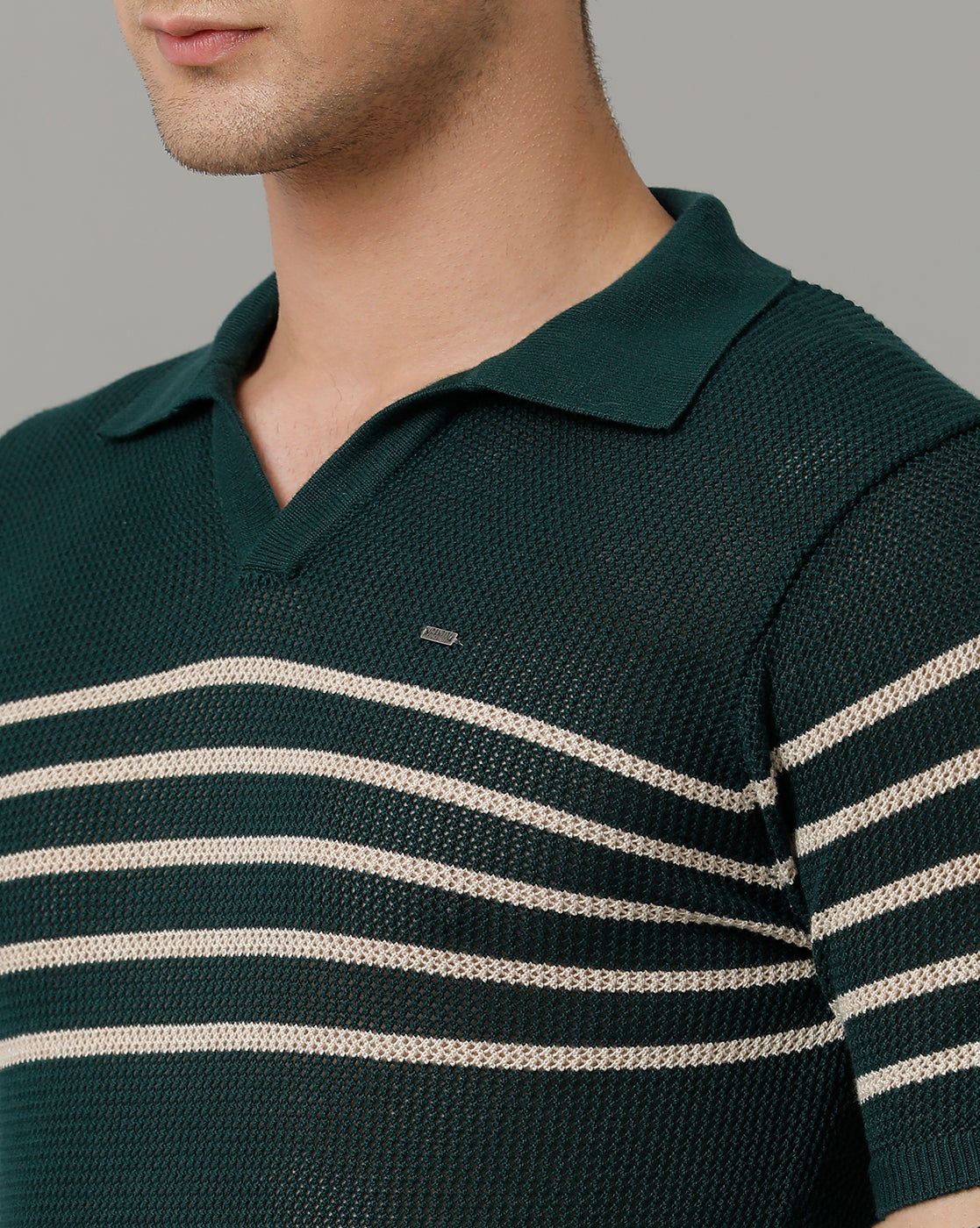 Identiti Green Half Sleeve Striped Slim Fit Cotton Casual Polo T-Shirt For Men.