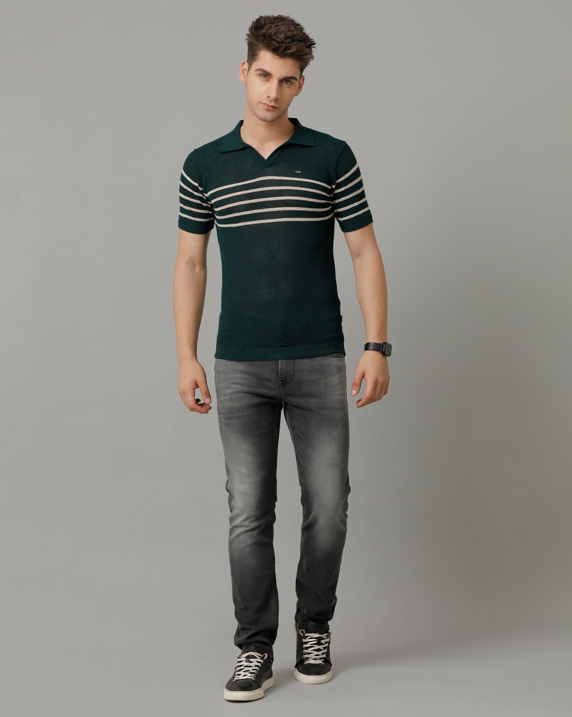 Identiti Green Half Sleeve Striped Slim Fit Cotton Casual Polo T-Shirt For Men.