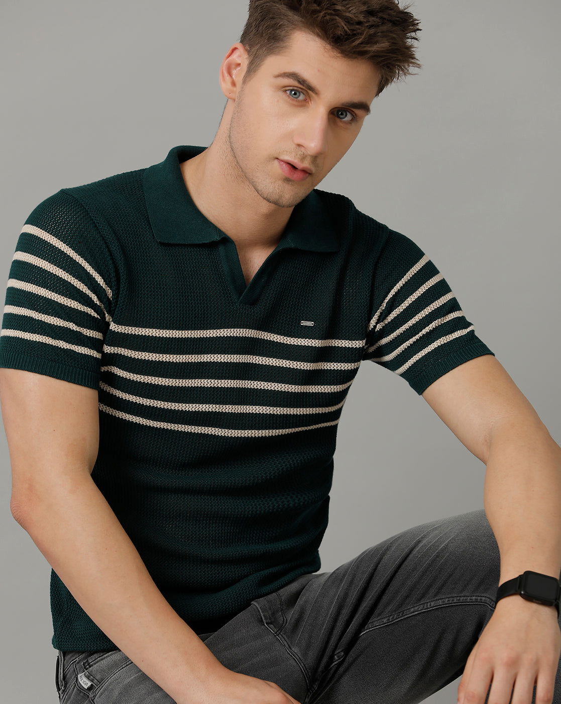 Identiti Green Half Sleeve Striped Slim Fit Cotton Casual Polo T-Shirt For Men.