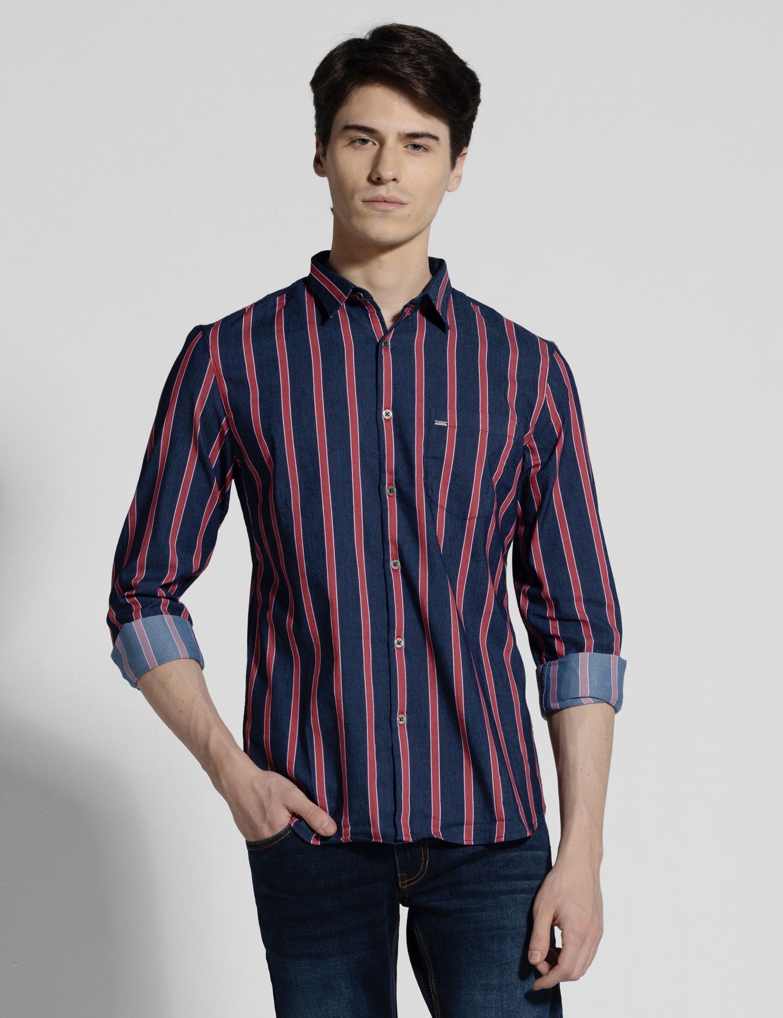 Identiti Men Collared Stripe Shirt With Pocket